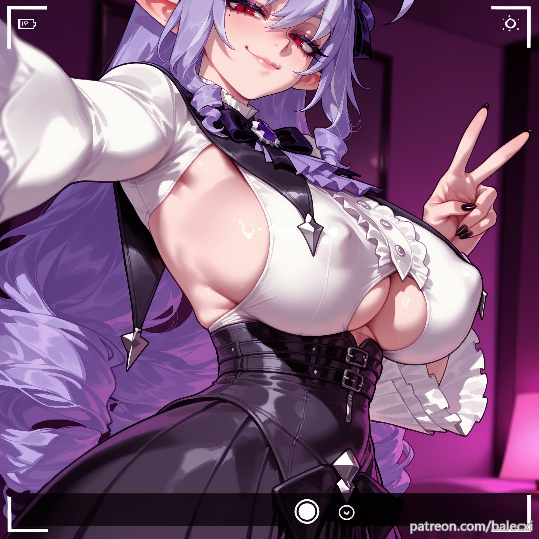 ahoge, ai generated, balecxi, black nails, breasts, clothing cutout, covered nipples, drill hair, female, large breasts, long hair, long sleeves, looking at viewer, patreon username, pointy ears, purple hair, red eyes, selfie, sideboob, skirt, smile, solo, v, vivian (zenless zone zero), vivian banshee, zenless zone zero