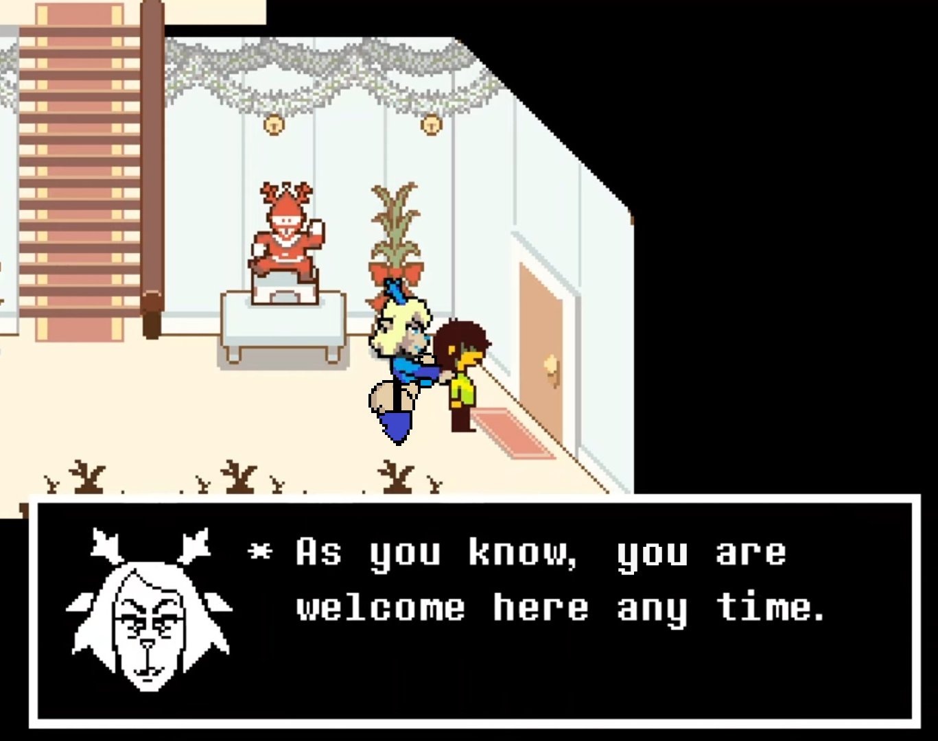1boy, 1girls, big ass, big breasts, breasts, carol holiday, deer, deer girl, deltarune, editorl, female, huge ass, huge breasts, human, kris (deltarune), male, monster, monster girl, pixel art, sprite, sprite art, tagme