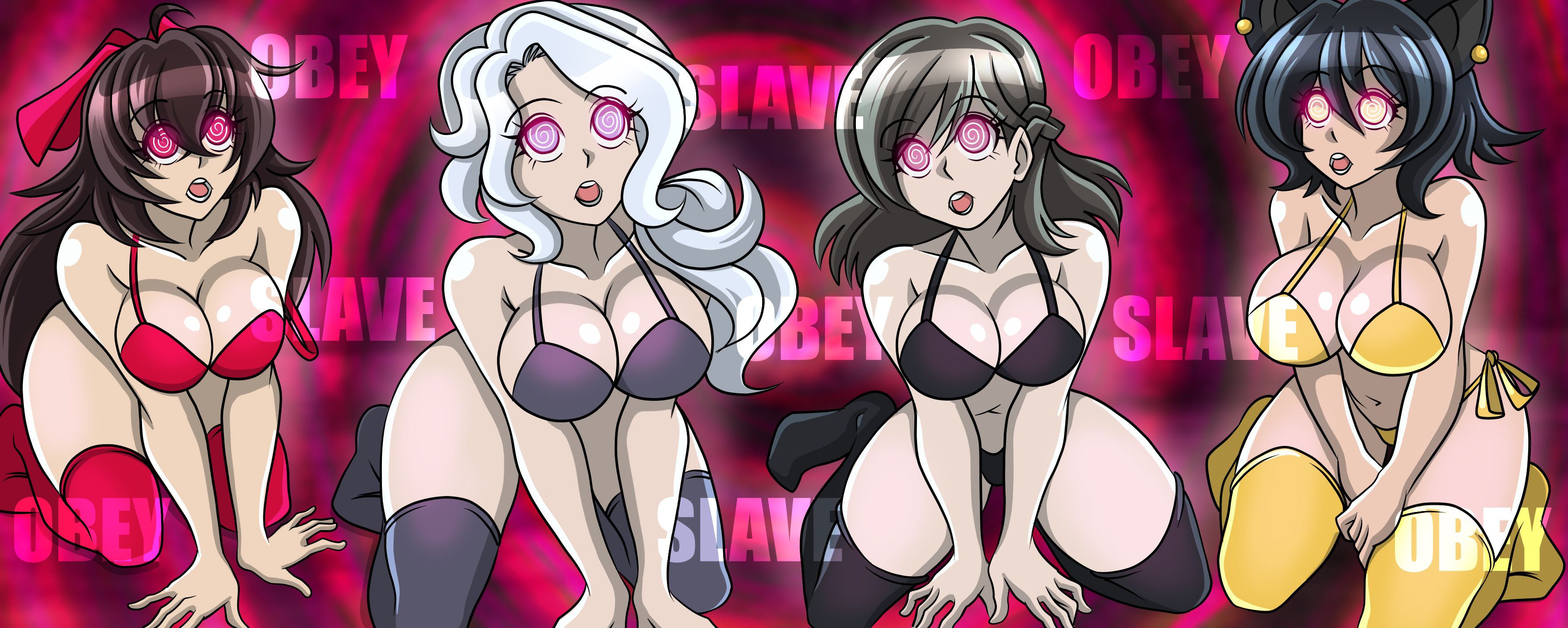 absurdres, animal ears, big breasts, bikini, black hair, breasts, cat ears, cat girl, cleavage, female, female only, femsub, fit, fit female, glowing, glowing eyes, huge breasts, hypnosis, kali belladonna, kneeling, large breasts, large lips, long hair, milf, mind control, multiple females, multiple girls, multiple subs, on knees, open mouth, raven branwen, rwby, short hair, spiral eyes, summer rose, symbol in eyes, text, tongue, white hair, wide hips, willow schnee, yellow eyes, zorro-zero
