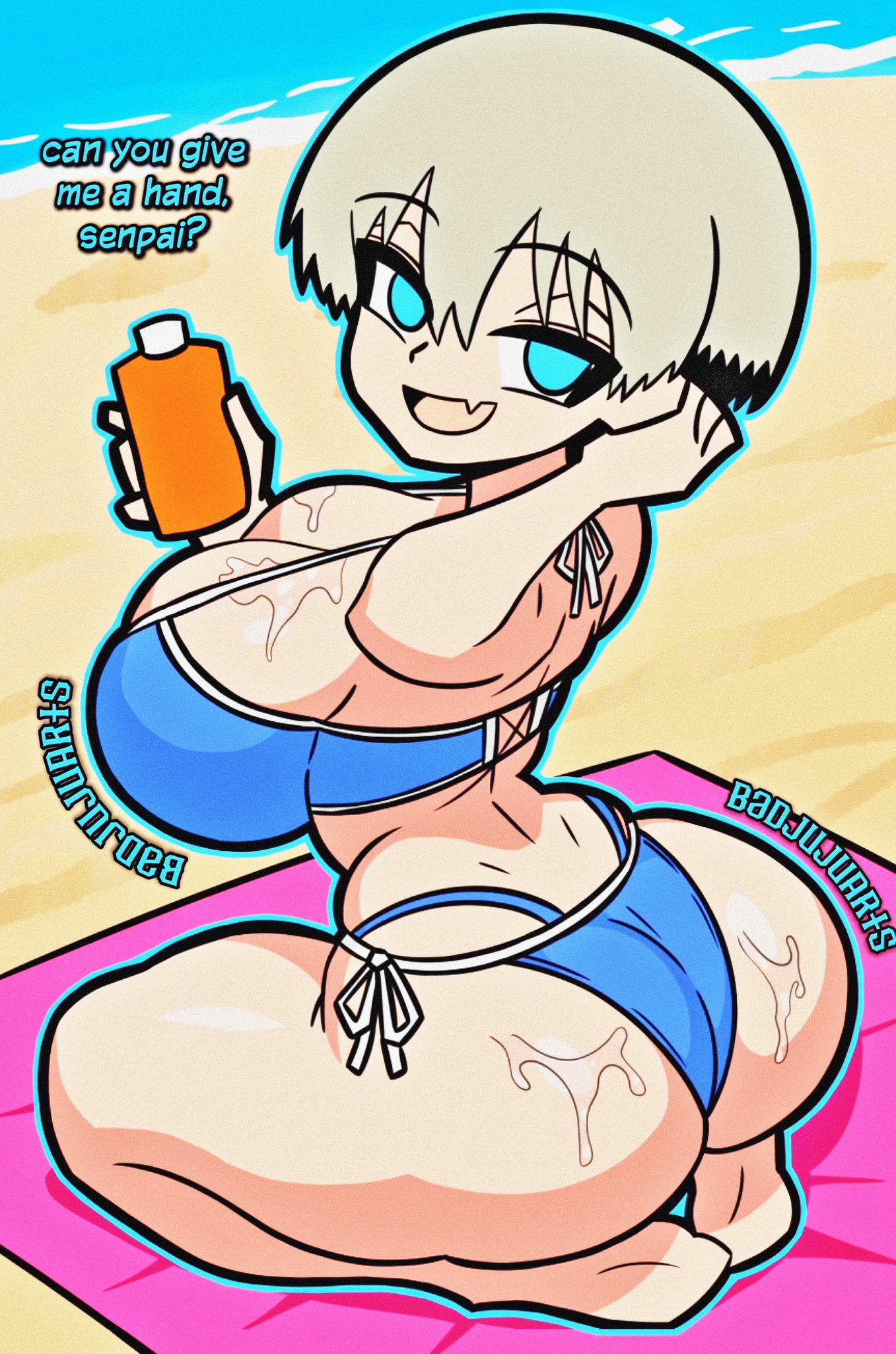 ass, badjujuarts, beach, big cleavage, bikini, boobs, breasts, bubble butt, fat ass, fat tits, female, huge ass, huge breasts, looking at viewer, on knees, shortstack, sunscreen, swimsuit, tagme, thong, thong under swimsuit, uzaki hana, uzaki-chan wa asobitai!