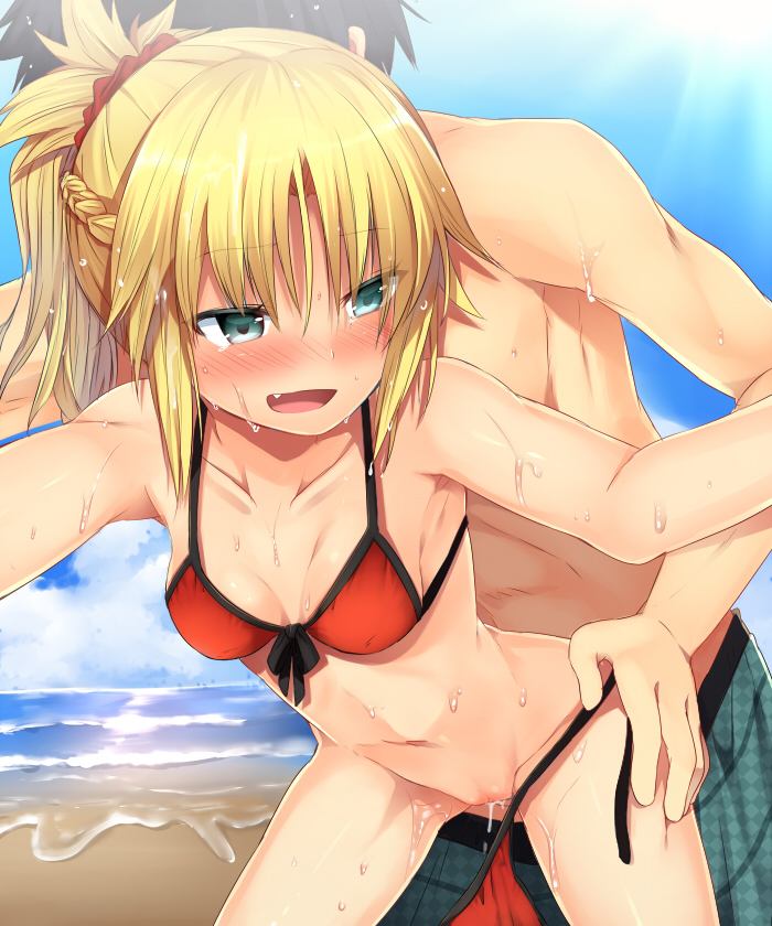 1boy 1girls bare_shoulders beach bikini bikini_bottom_removed blonde_hair blush breasts cum cum_in_pussy cute_fang fate/apocrypha fate/grand_order fate_(series) female front-tie_bikini front-tie_top green_eyes human male male_swimwear marimo_danshaku mordred_(fate) mordred_(swimsuit_rider) ocean ponytail pussy red_bikini sex short_hair small_breasts smile solo_focus sweat swim_trunks swimsuit swimwear untied vaginal_penetration