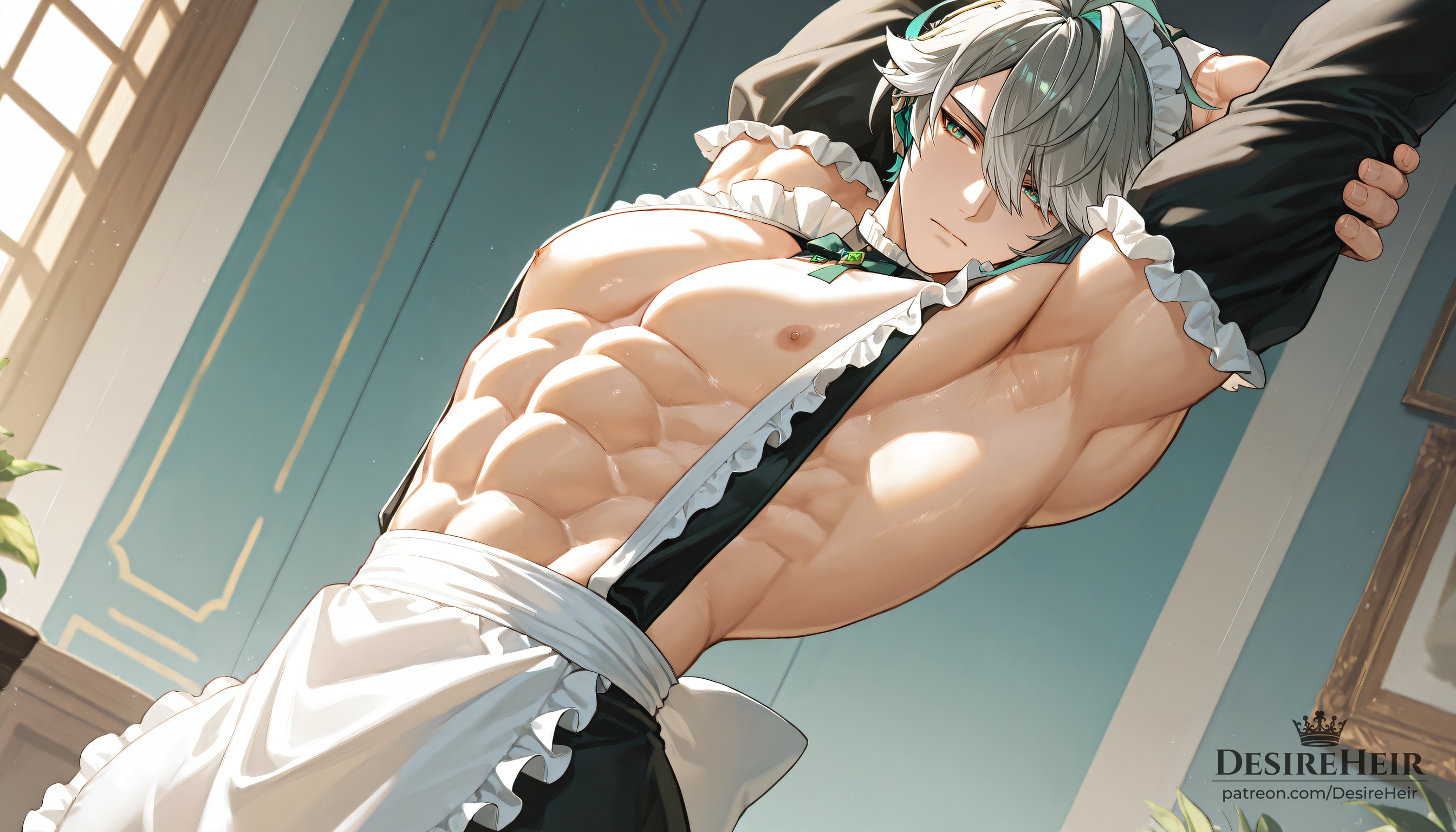1boy, abs, alhaitham (genshin impact), alternate costume, apron, armpits, arms up, bare pectorals, closed mouth, crossdressing, detached sleeves, enmaided, femboy, femboy dilf, frilled apron, frills, genshin impact, green eyes, grey hair, hair between eyes, hair over one eye, indoors, large pectorals, maid, maid apron, maid headdress, male, male focus, male maid, multicolored hair, muscular, muscular male, nipples, pectorals, short hair, solo, waist apron, white apron
