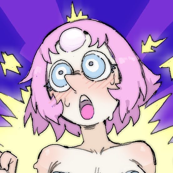1girls, ahe gao, bare shoulders, big breasts, blue eyes, blue nipples, blush, breasts, clenched hand, collarbone, female, forehead jewel, glasses, hands up, lightning bolt symbol, monster girl, nude, nude female, open mouth, pantsu ripper, pearl (steven universe), personification, pink hair, purple background, round eyewear, shell, shell bikini, short hair, solo, steven universe, surprised, sweat, teeth, upper body, upper teeth only, white skin