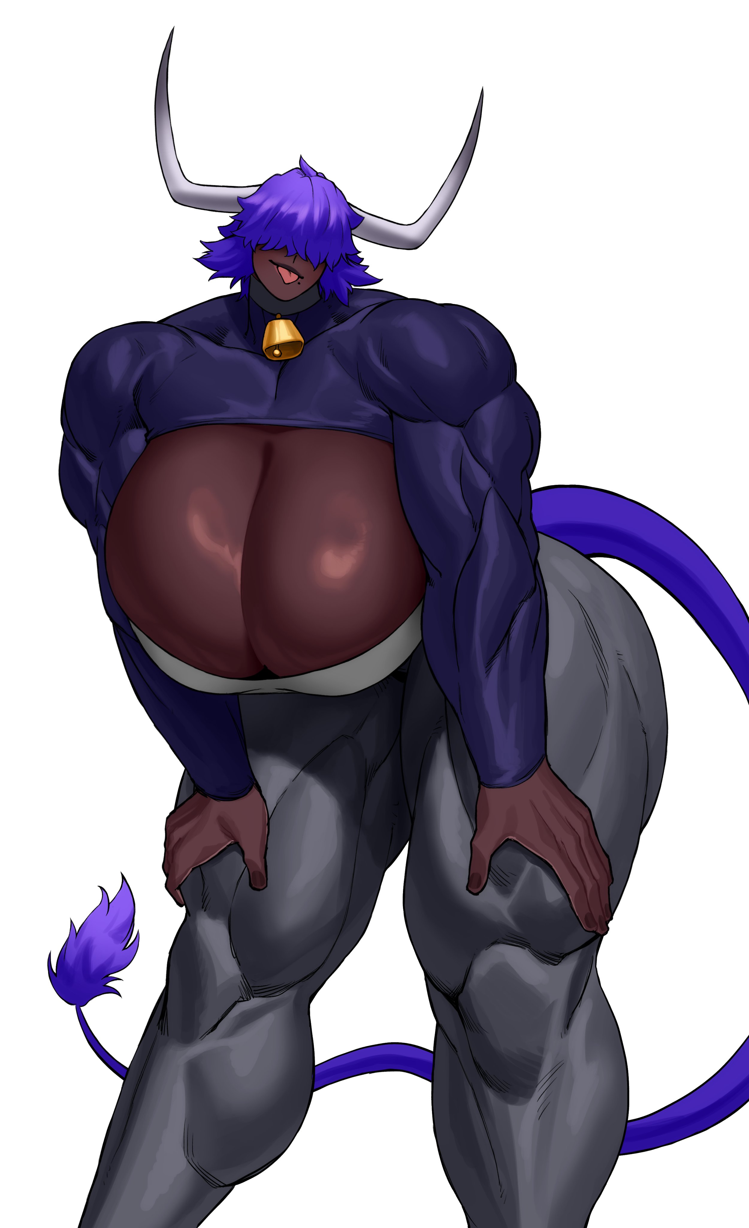 1girls, absurd res, bent over, big breasts, big thighs, blep, breasts, cleavage, commission, cow girl, cow horns, cow tail, cowbell, dark skin, dark skinned female, dark-skinned female, female, female only, hair over eyes, horns, huge breasts, hyper breasts, muscles, muscular, muscular female, muscular thighs, purple hair, skin tight, solo, sotcho, tail, tail tuft, thick thighs, white background