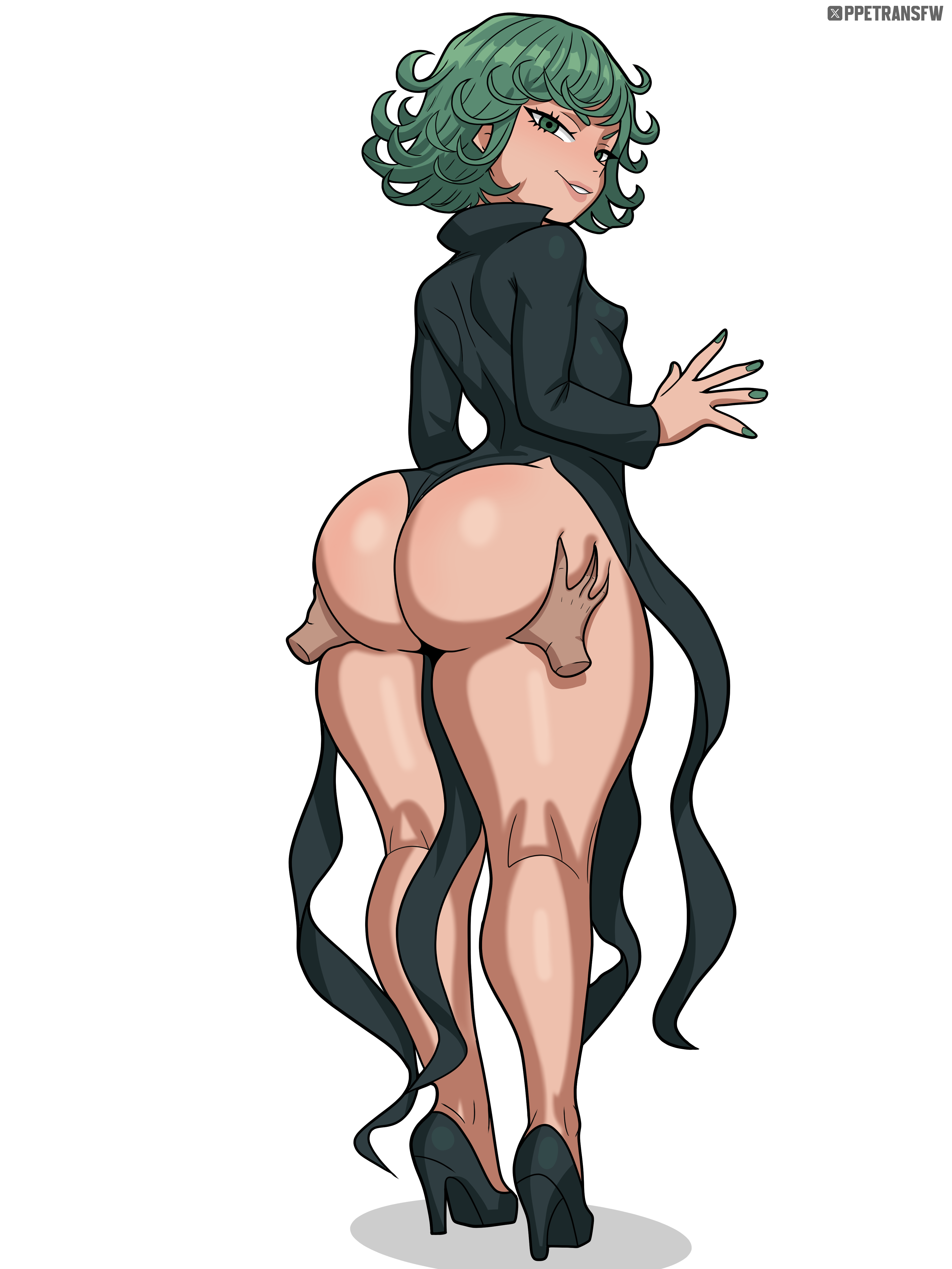 1girls, ass, ass focus, ass grab, black dress, curly hair, female, from behind, full body, green hair, green nipples, heels, huge ass, looking at viewer, looking back, one-punch man, ppetransfw, short hair, smile, standing, tatsumaki, thick thighs, white background