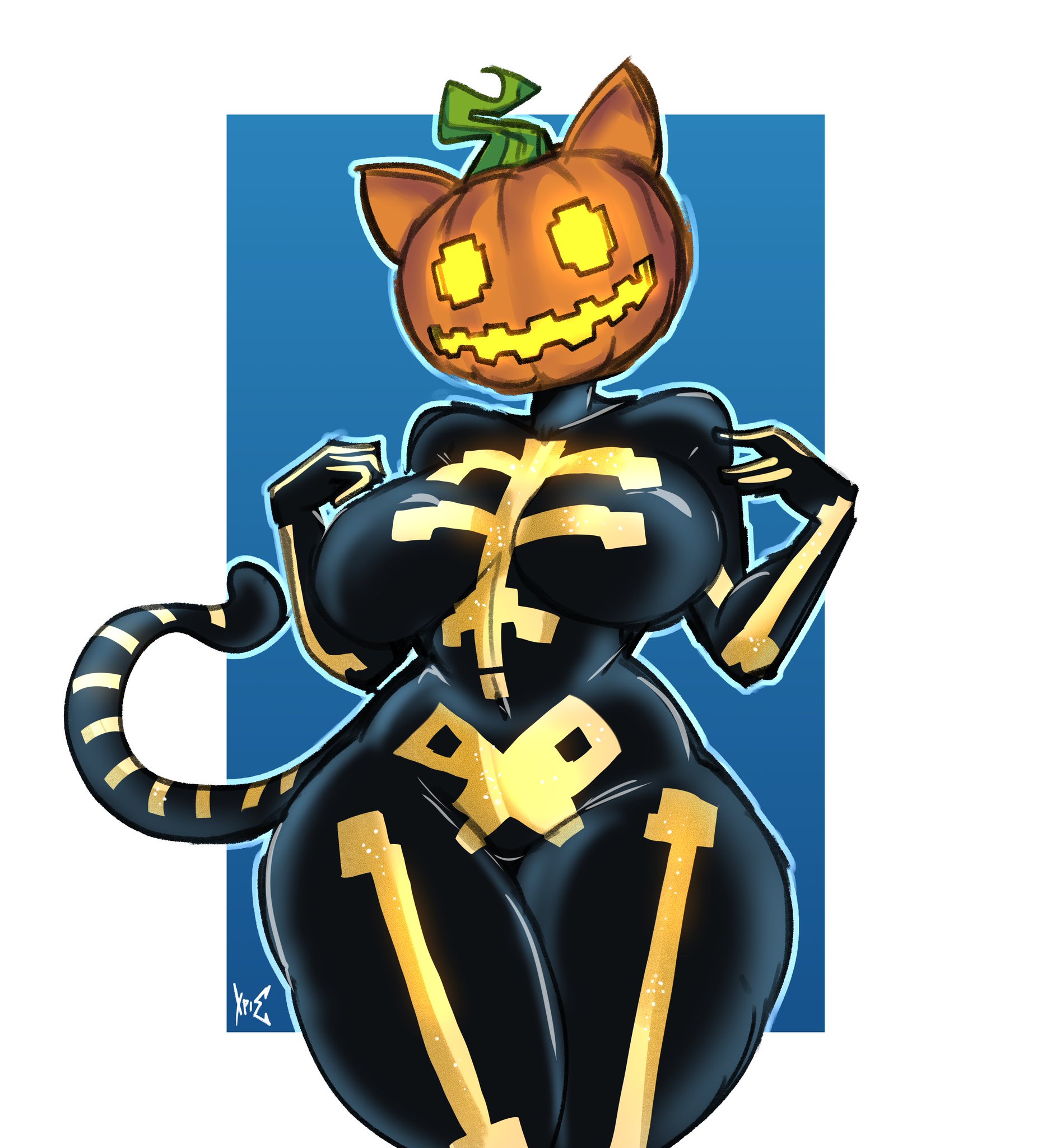 breasts, cat tail, female, fortnite, jack-o'-lantern, spice (fortnite), tagme, xpisigma