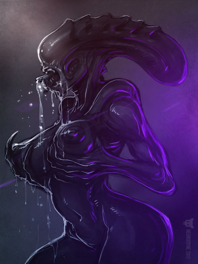 2017 alien alien_(franchise) areola big_breasts breasts cum digital_media_(artwork) female female_xenomorph monster monster_girl neurodyne nightmare_waifu nipples nude open_mouth saliva simple_background slime solo unknown_species wet xenomorph