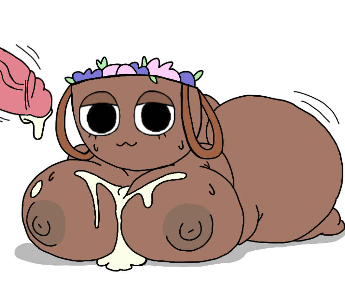 :3, 1boy, 1girls, ass, barefoot, bassie (dandy's world), big ass, big breasts, breasts, completely nude, completely nude female, cum, cum on breasts, dandy's world, drawing, female, full body, looking at viewer, male, naked, naked female, narrowed eyes, nude, nude female, penis, pussy, roblox, roblox game, sprout (dandy's world), white background