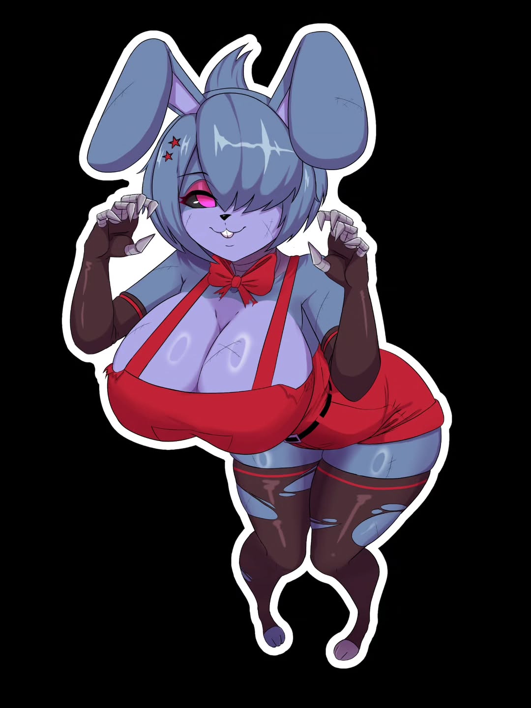 1girls, 2025, animatronic, big breasts, black sclera, blue hair, bonfie, bonfie (cryptia), bonfie (cryptiacurves), bonnie (fnaf), breasts, bunny, bunny ears, bunny girl, bunny teeth, clothed, curvy, curvy female, elbow gloves, fap nights at frenni's, female, five nights at freddy's, fnaf, fredina's nightclub, furry, furry female, haikon knight, hourglass figure, inktober, light smile, looking at viewer, medium hair, nightmare waifu, pink eyes, pose, purple body, purple skin, scar, scars all over, solo, stars, thick, thick legs, thick thighs, thighhighs, thighs