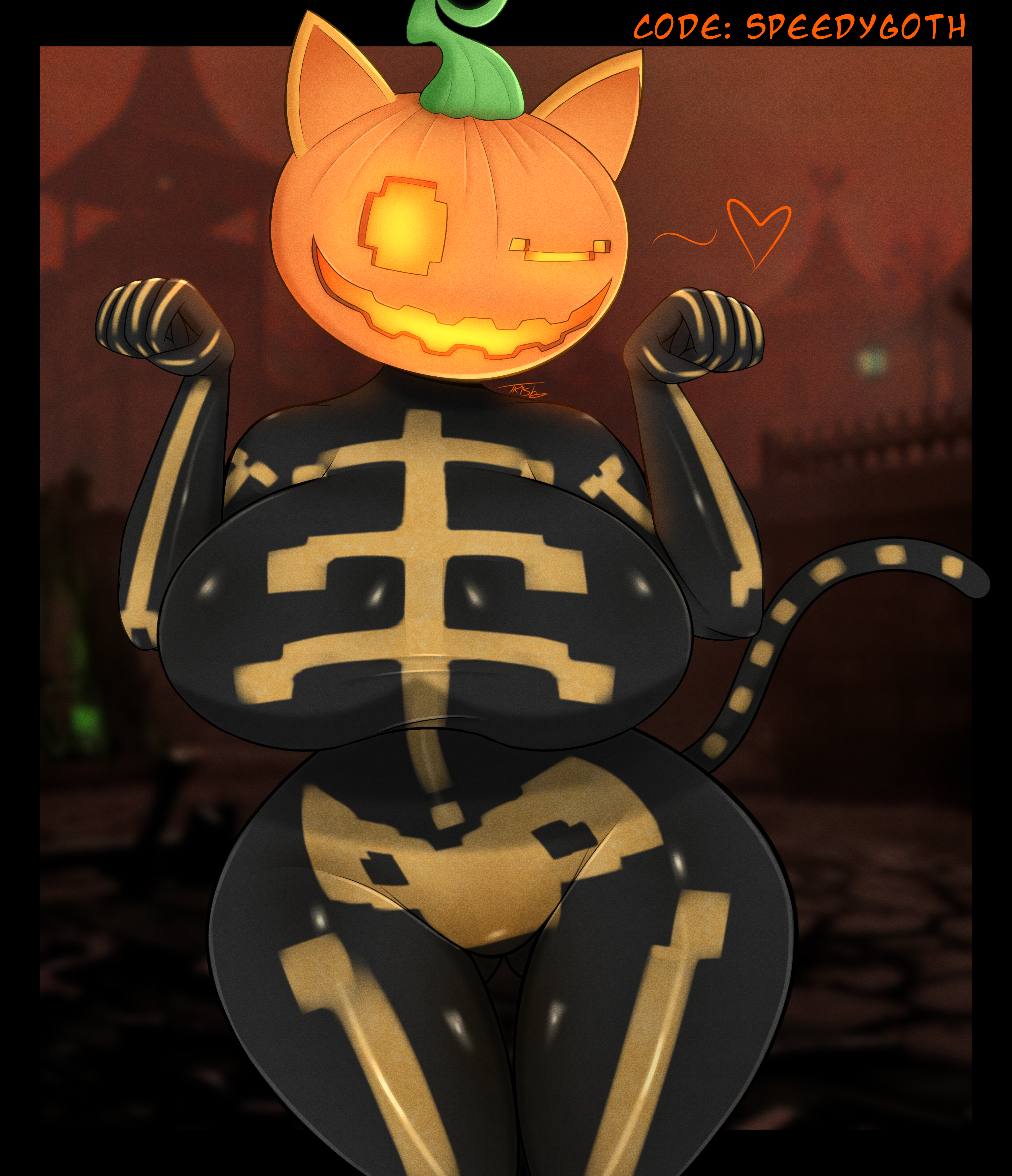 1girls, big breasts, breasts, breasts bigger than head, busty, busty female, cat ears, cat girl, cat humanoid, cat tail, catgirl, curvy, curvy figure, epic games, feline, female, female focus, female only, fortnite, fortnite: battle royale, full body, fully clothed, gothtrishy, grin, grinning, grinning at viewer, heart, huge breasts, large breasts, pumpkin, pumpkin head, shiny, shiny breasts, shiny clothes, shiny skin, skeleton, smile, smiling, smiling at viewer, spice (fortnite), tail, thick, thick ass, thick legs, thick thighs, thigh gap, thighs, tight clothes, tight clothing, tight fit, wide hips, wide thighs, wink, winking, winking at viewer
