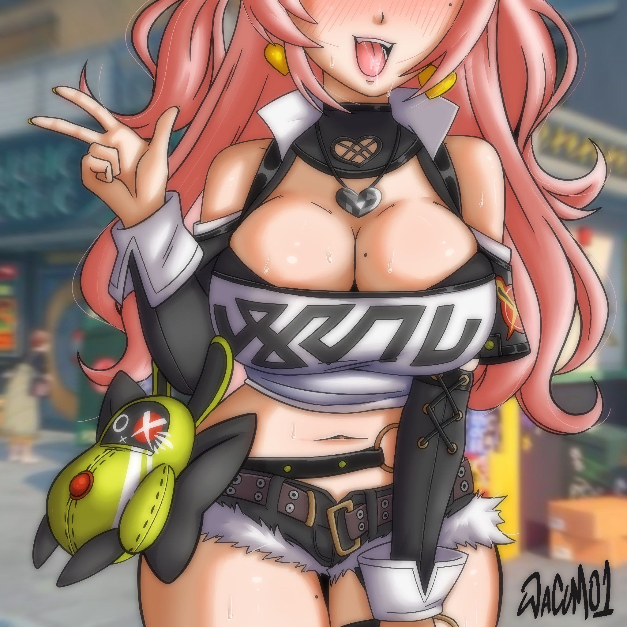 1girls, alternate version available, belt, big breasts, black shorts, blush, bottomwear, breast focus, breasts, cleavage, clothing, detached sleeves, ear piercing, earrings, eyes out of frame, female, female only, hair, heart earrings, huge breasts, long hair, mole, mole on breast, mole on thigh, necklace, neckwear, nicole demara, open mouth, peace sign, pink hair, short shorts, shorts, smile, solo, solo female, sweat, sweatdrop, sweaty breasts, thighs, topwear, tubetop, wacum, zenless zone zero