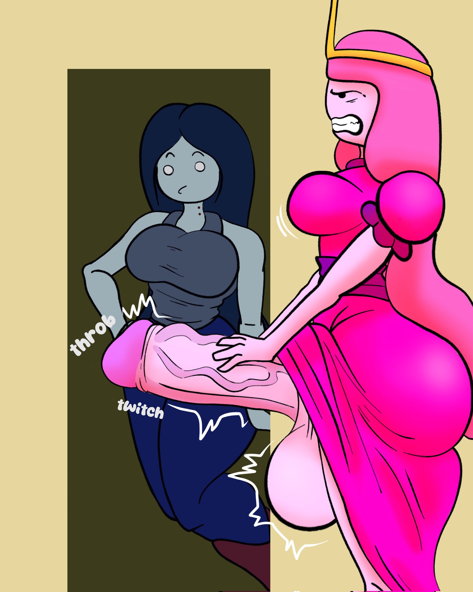 1futa, 1girls, adventure time, balls, ballsack, big penis, cock, dick, dress, erection, female, futanari, grabbing penis, grey skin, hands on penis, huge cock, large penis, marceline, massive penis, penis, pink body, pink dress, pink hair, pink skin, princess bubblegum, superbone, testicles, throbbing penis, twitching penis, veiny penis