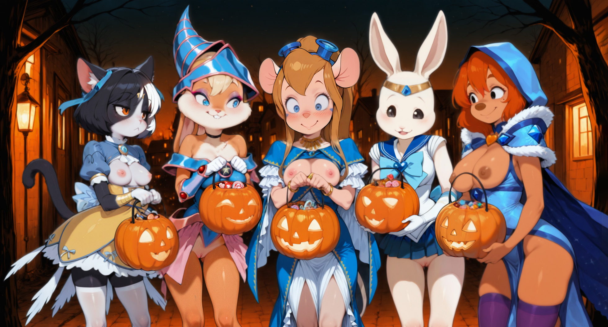 5girls, a goofy movie, ai assisted, ai generated, aika (pppidwtbamg) (cosplay), beastars, belldandy (cosplay), bishoujo senshi sailor moon, bottomless, bracelet, breasts, breasts out, bunny, candy, canine, cat, chip 'n dale rescue rangers, cosplay, crystal maiden (rylai moon) (cosplay), dark magician girl (cosplay), dog, dota, dota 2, dress, erwin (wild assault), feline, female, female only, gadget hackwrench, halloween, haru (beastars), jack-o'-lantern, lola bunny, mouse, necklace, night, oh my goddess!, pretty pretty please i don't want to be a magical girl, pussy, ring, roxanne (goof troop), sailor mercury (cosplay), space jam, stockings, thighhighs, tiara, trick or treat, upskirt, wild assault, yu-gi-oh!