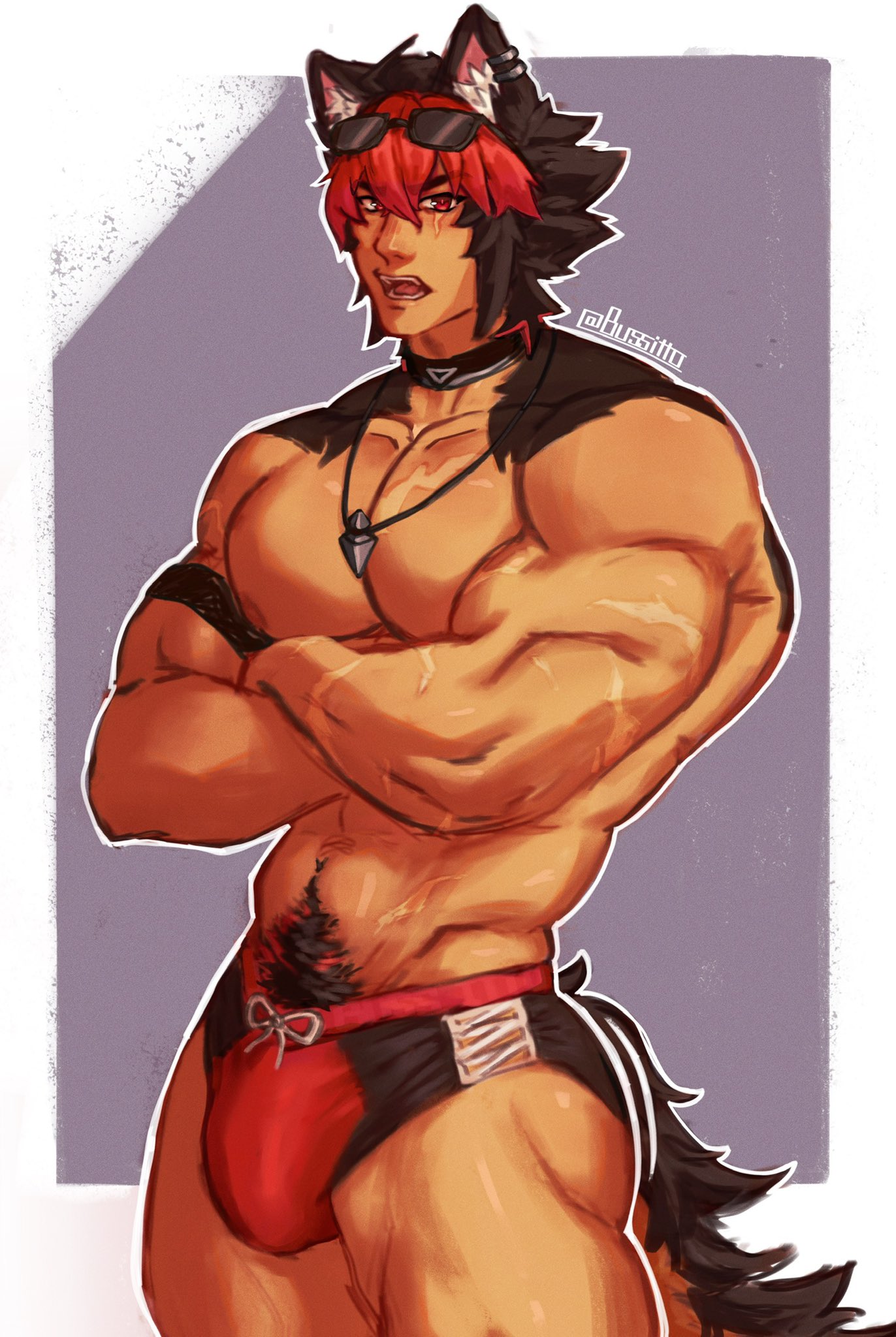 black hair, bulge, bussitto, choker, flaccid, happy trail, komano manato, looking at viewer, male, male only, muscular, muscular male, red hair, simple background, solo, sunglasses, swimsuit, tail, zenless zone zero