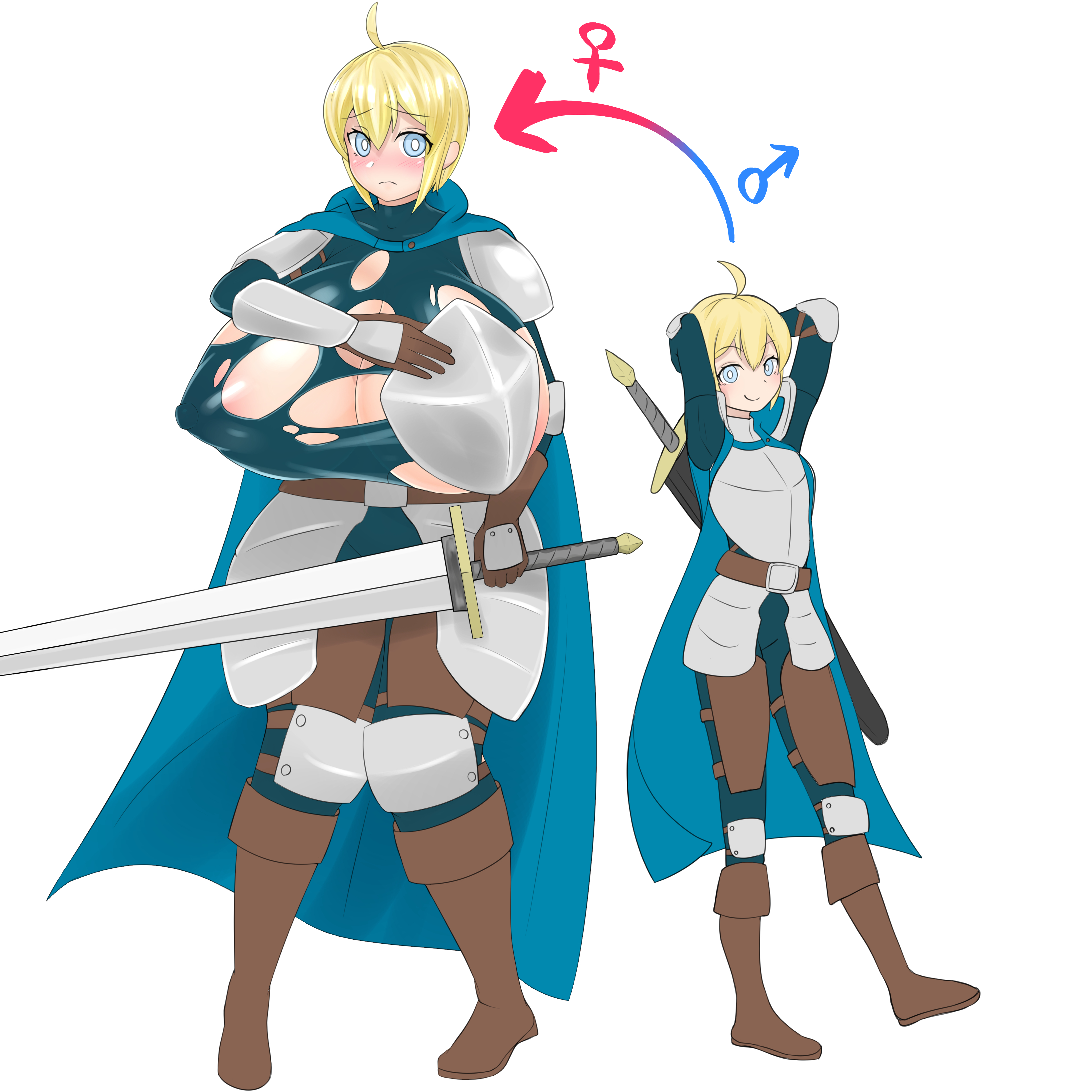 1boy, 1girls, alternate version available, areolae, big breasts, blonde hair, blue eyes, blush, breasts, breasts bigger than head, cleavage, eyebrows, eyebrows visible through hair, eyelashes, female, genderswap (mtf), gigantic breasts, hand on own chest, holding object, holding sword, huge breasts, large breasts, looking at viewer, male, nipples, ohitsuji, original, original character, ripped clothing, rule 63, short hair, simple background, standing, wardrobe malfunction, white background