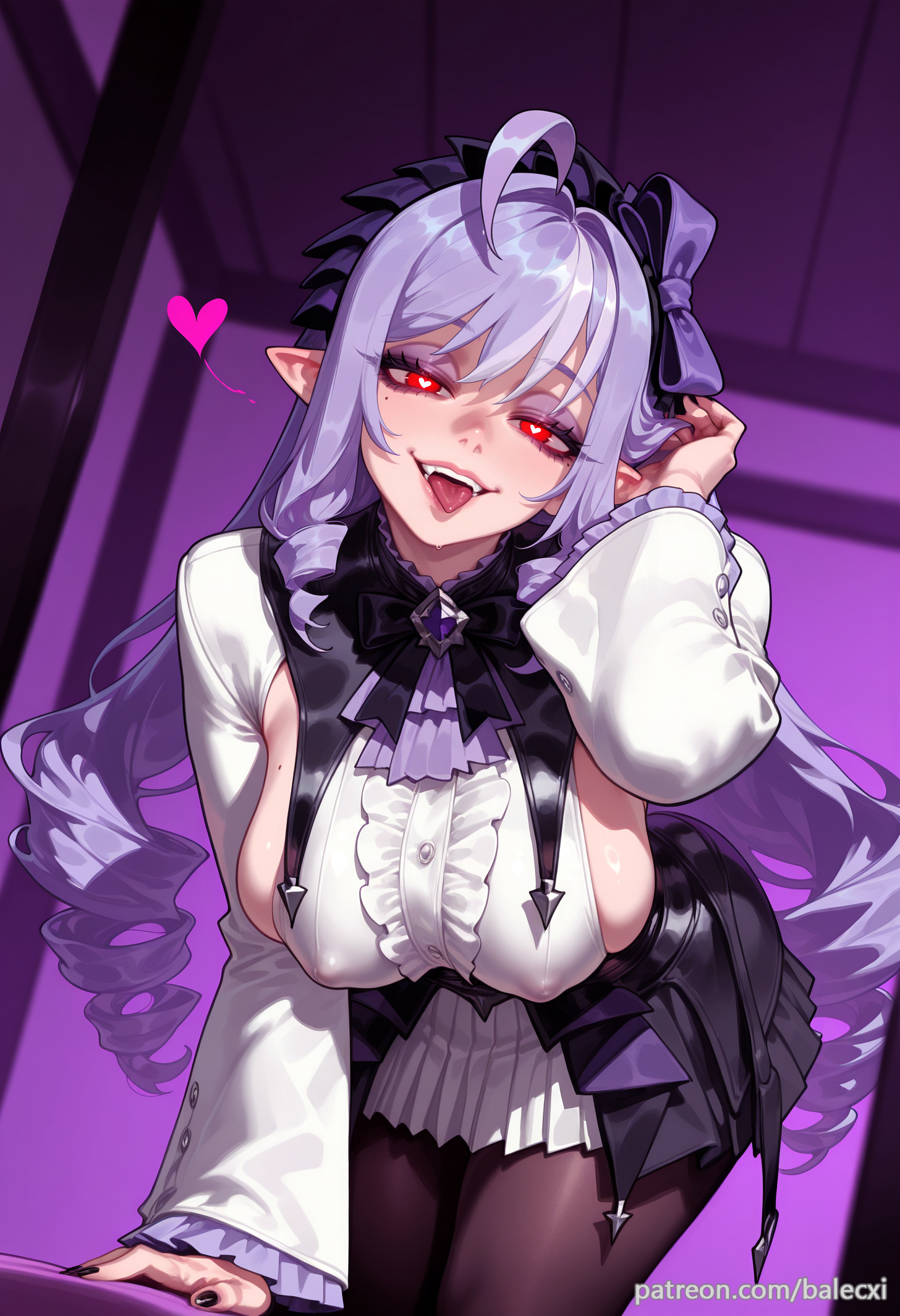 ahoge, ai generated, balecxi, breasts, covered nipples, fangs, female, heart, large breasts, long hair, long sleeves, looking at viewer, open mouth, pantyhose, pointy ears, purple hair, red eyes, sideboob, solo, tongue, tongue out, vivian (zenless zone zero), vivian banshee, zenless zone zero