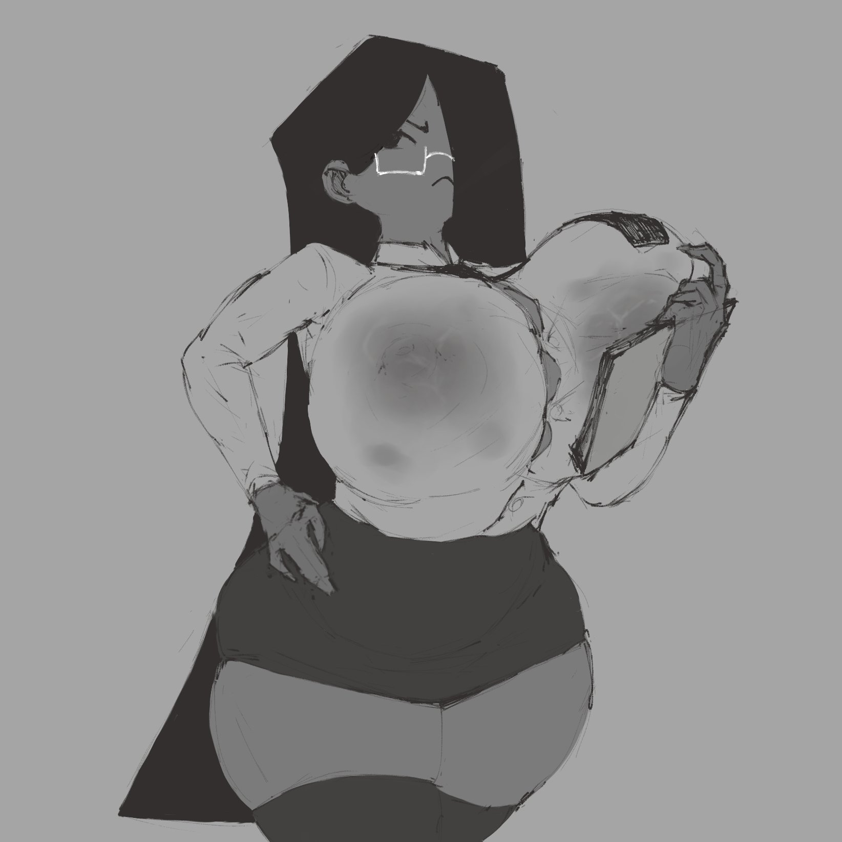 1girls, angry, big breasts, breast press, breasts, erotartoreo, female, female only, glasses, grey skin, hair over one eye, hand on hip, huge breasts, long hair, monochrome, necktie, nipples, nipples visible through clothing, office lady, office lady (atastic), skirt, sweat, thick legs, thighhighs, tight clothing, voluptuous, voluptuous female, wide hips