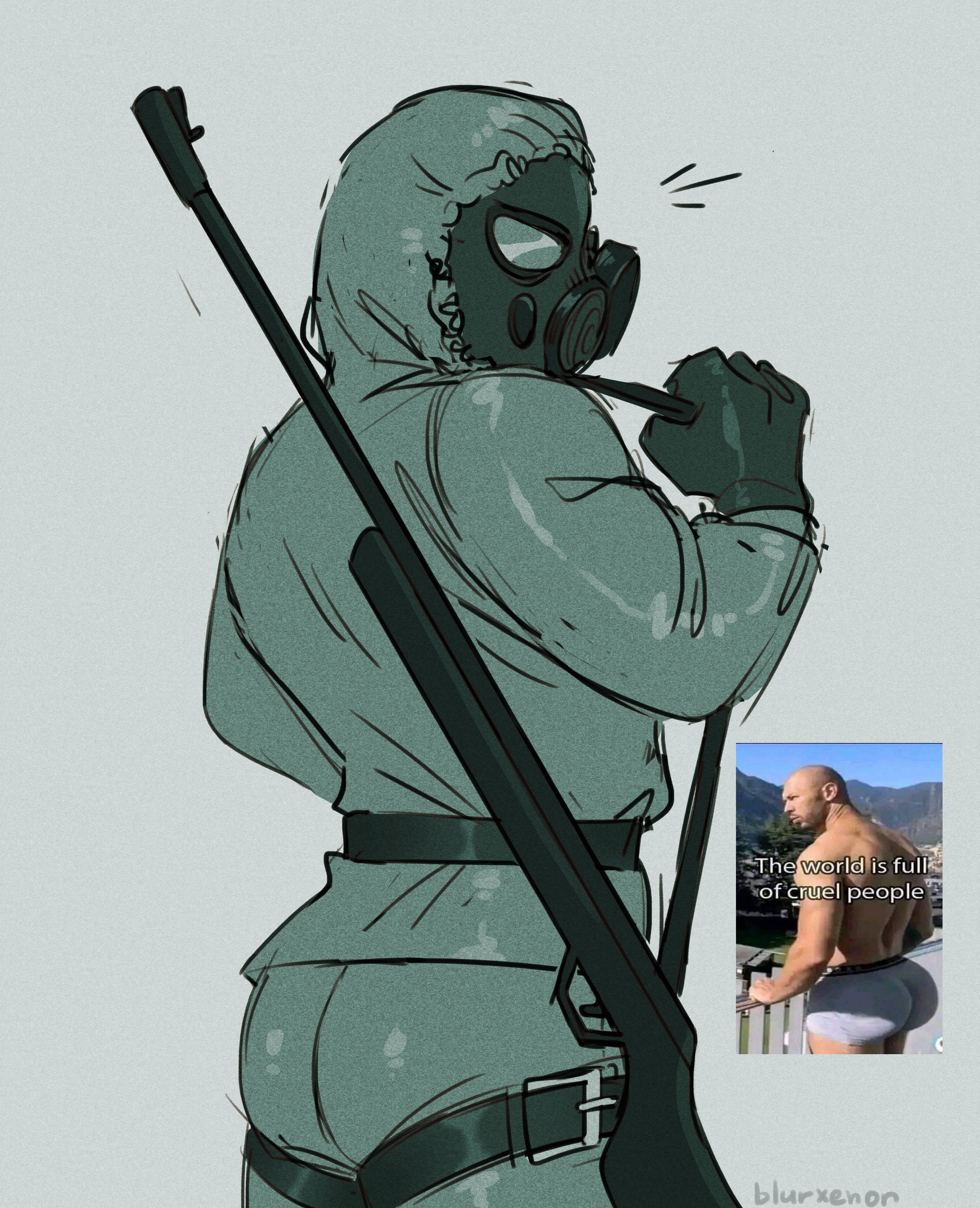 ass, big ass, bubble butt, fema agent, formless matter, fully clothed, gas mask, gun, hazmat suit, male, male only, mask, masked, masked male, meme, no, i'm not a human, sketch, soldier, weapon