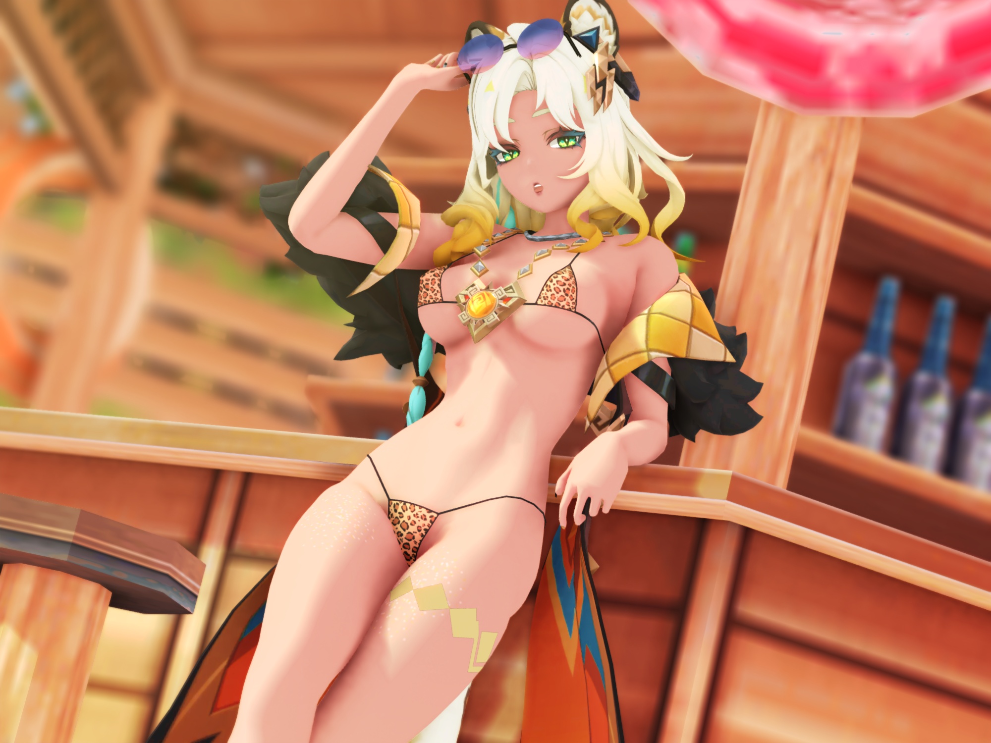 1girls, 3d (artwork), bikini, blonde hair, breasts, female, female only, genshin impact, green eyes, leopard print, leopard print bikini, light skin, light-skinned female, lrvtledhol, mihoyo, mmd, sunglasses on head, xilonen (genshin impact)