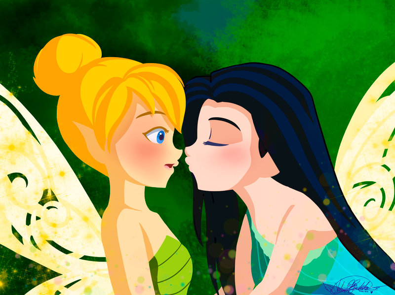 2girls aqua_dress bare_shoulders black_hair blonde_hair blue_eyes blush closed_eyes clothing disney disney_fairies dress embarrassed fairy fairy_wings female female_only green_dress hair_bun humanoid imminent_kiss jpeg long_hair looking_at_another multiple_girls neck open_mouth outdoors peter_pan_(disney) pointy_ears shiko-k short_hair shy signature silvermist sparkle strapless strapless_dress tinker_bell upper_body wings yuri