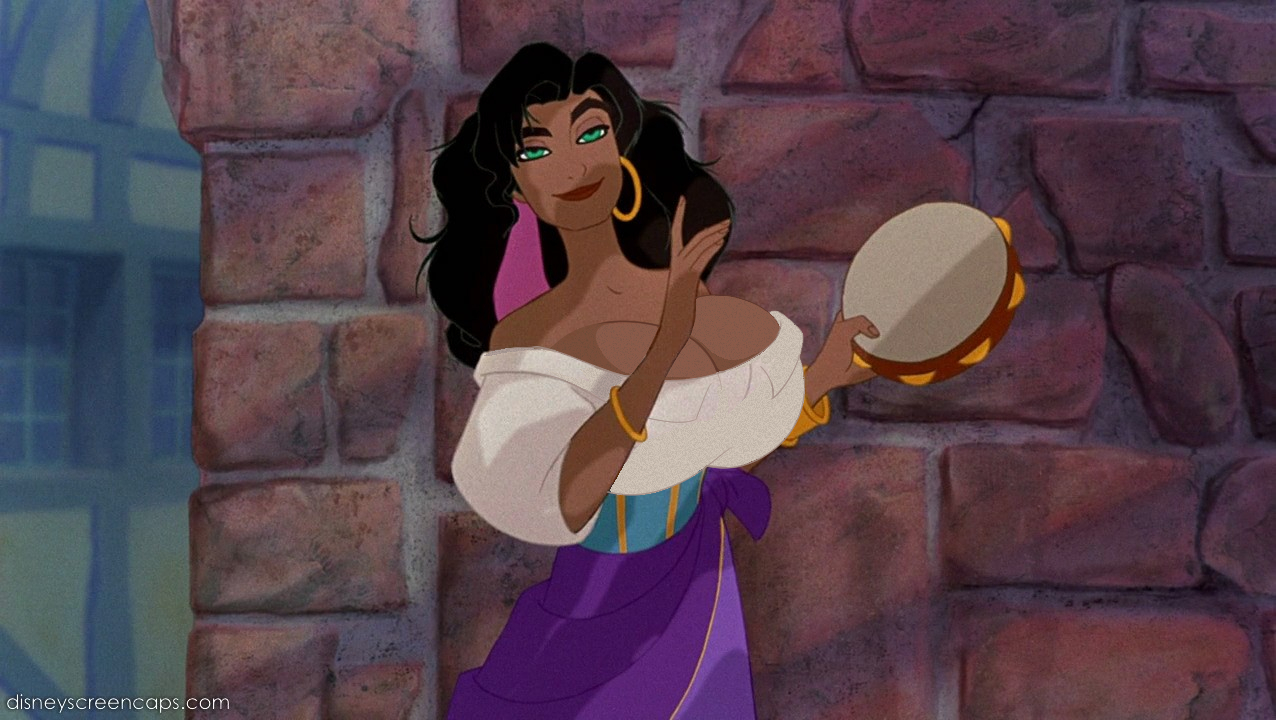 big breasts, black hair, breasts, cleavage, clothed, disney, earrings, edit, esmeralda, female, green eyes, lipstick, long hair, screenshot, screenshot edit, smile, the hunchback of notre dame