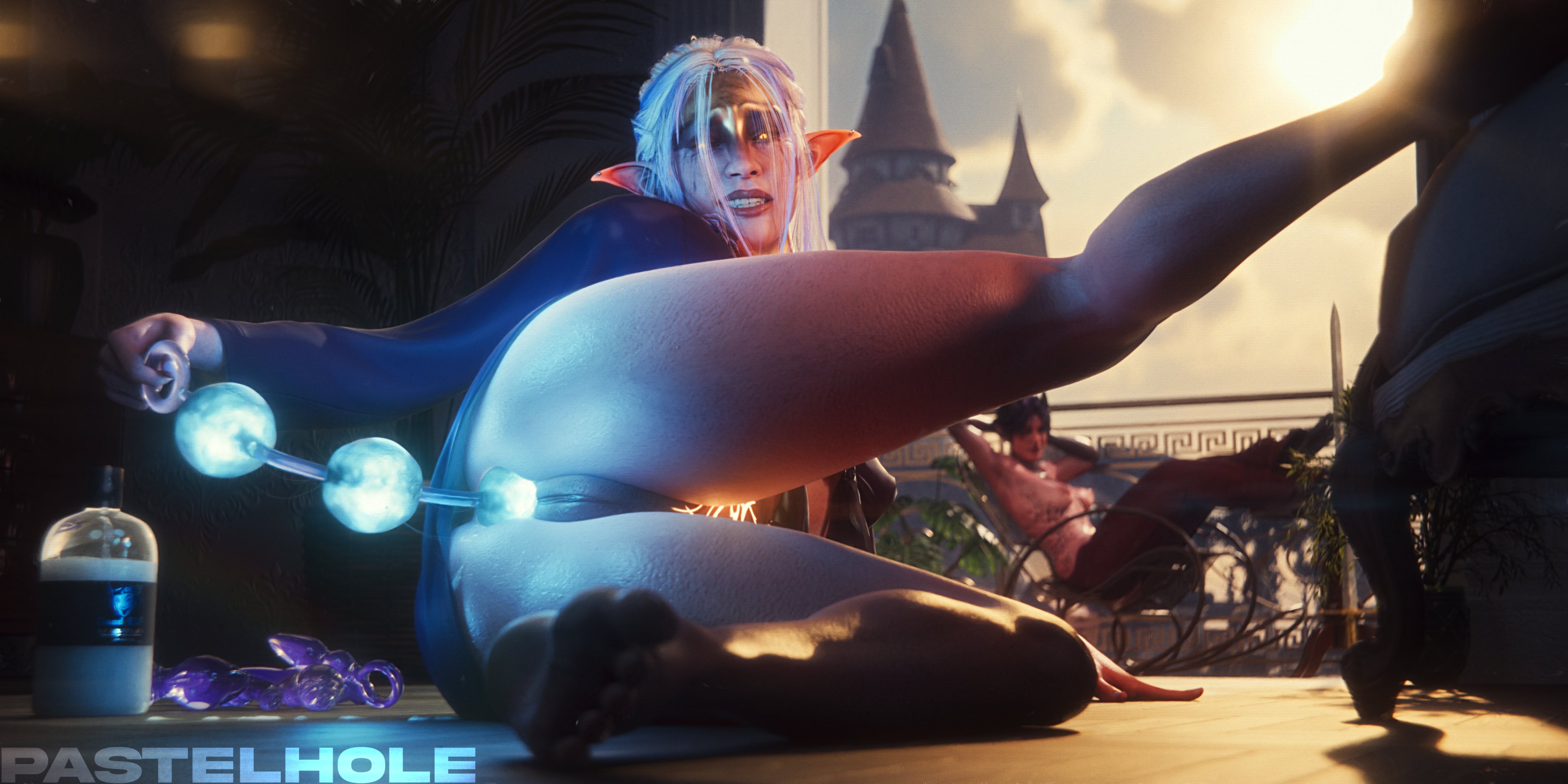 2025, 2girls, 3d, 3d (artwork), anal, anal beads, anal masturbation, blender, blurred background, blurry, blurry background, bottomless, detailed background, elf, elf ears, elf female, elf girl, feet, feet up, female, female focus, female only, glowing sex toy, hi res, high resolution, highres, laying on side, light skin, light-skinned female, lube, lube bottle, masturbating, masturbation, oc, on side, original, original character, pastelhole, pleasure face, pussy, pussy lips, red body, red skin, sex toy, shadow, sideways, soles, sunlight, thick thighs, vagina, watching from afar, watching sex, watermark, yellow eyes