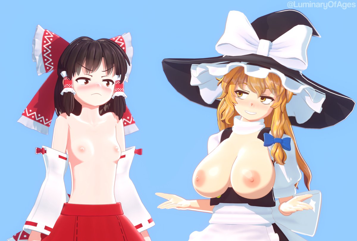 2girls, 3d, 3d (artwork), annoyed, big breasts, black hair, blonde hair, braid, breast comparison, breast envy, breasts, busty, confident, female, female only, half-closed eyes, large breasts, light skin, light-skinned female, long hair, luminaryofages, marisa kirisame, mmd, naughty face, nipples, pose, posing, reimu hakurei, shrine maiden, small breast angst, small breast humiliation, small breasts, smile, topless, touhou, voluptuous, witch, witch hat