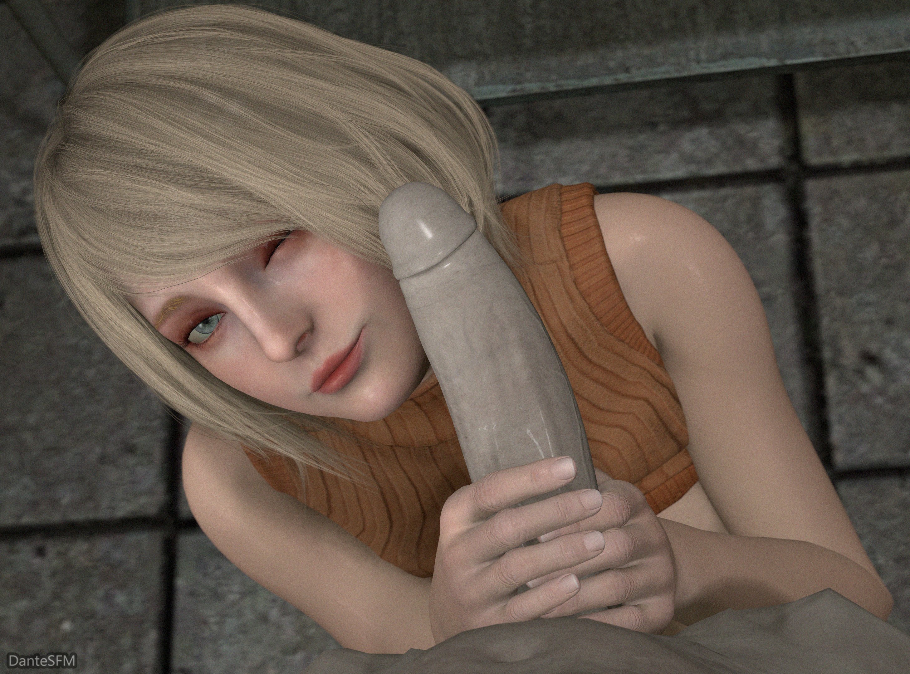 1boy, 1boy1girl, 1girls, 3d, 3d (artwork), ashley graham, ashley graham (ella freya), big breasts, big penis, blonde hair, breasts, breasts out, dantesfm, female, holding penis, image, looking at partner, looking at viewer, male, monster, monster on female, penis, penis on face, pov male, resident evil, resident evil 4, resident evil 4 remake, semi nude, smiling