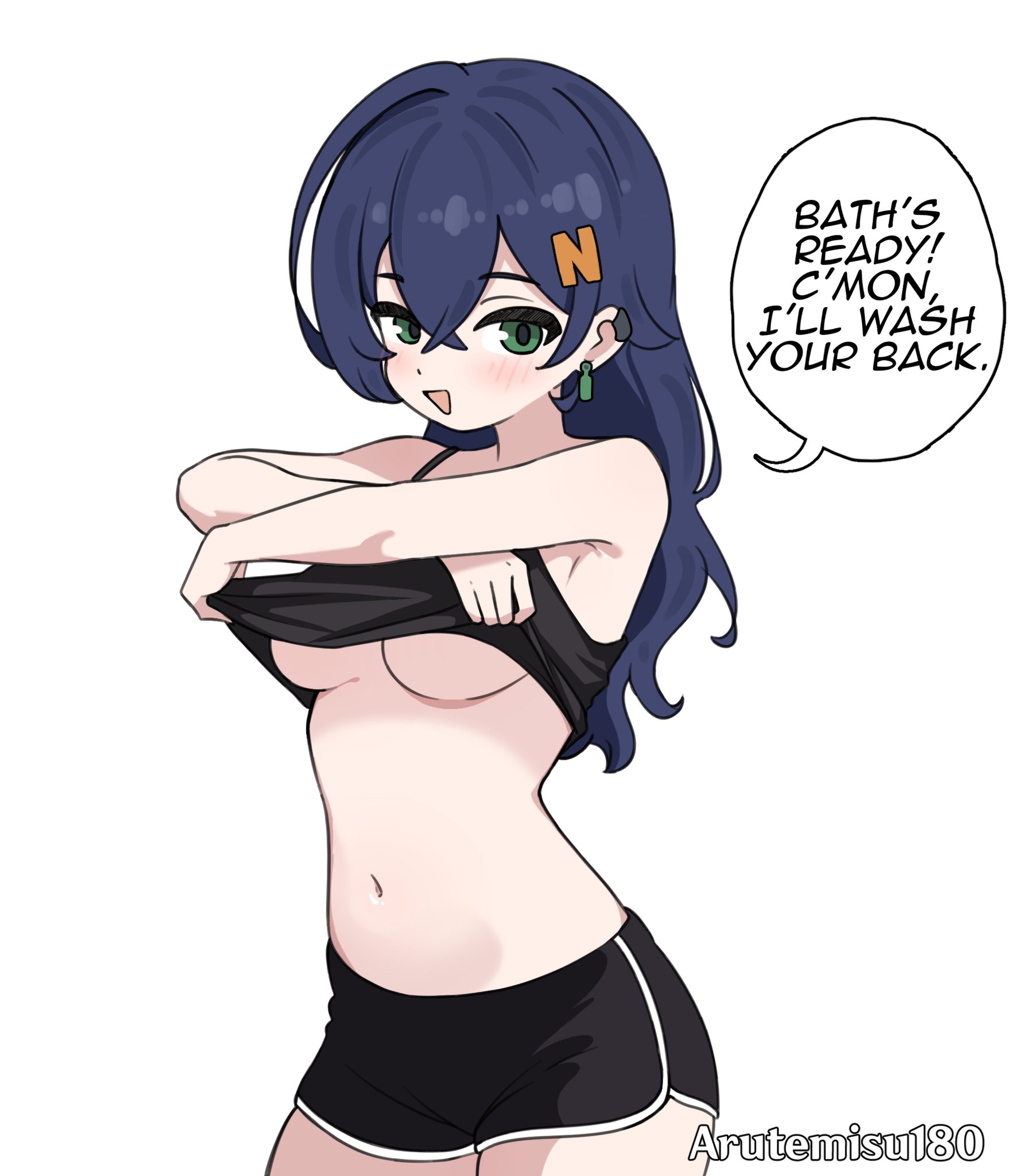 adorable, artist name, arutemisu180, belle (zenless zone zero), belly, belly button, blue hair, blush, breasts, cropped tank top, cute, dialogue, dialogue bubble, earrings, female, green eyes, hair, hair ornament, inviting to bath, letter hair ornament, long hair, looking at viewer, medium breasts, no bra, open mouth, slim, smile, sports shorts, sportswear, tank top, underboob, undressing, white background, zenless zone zero