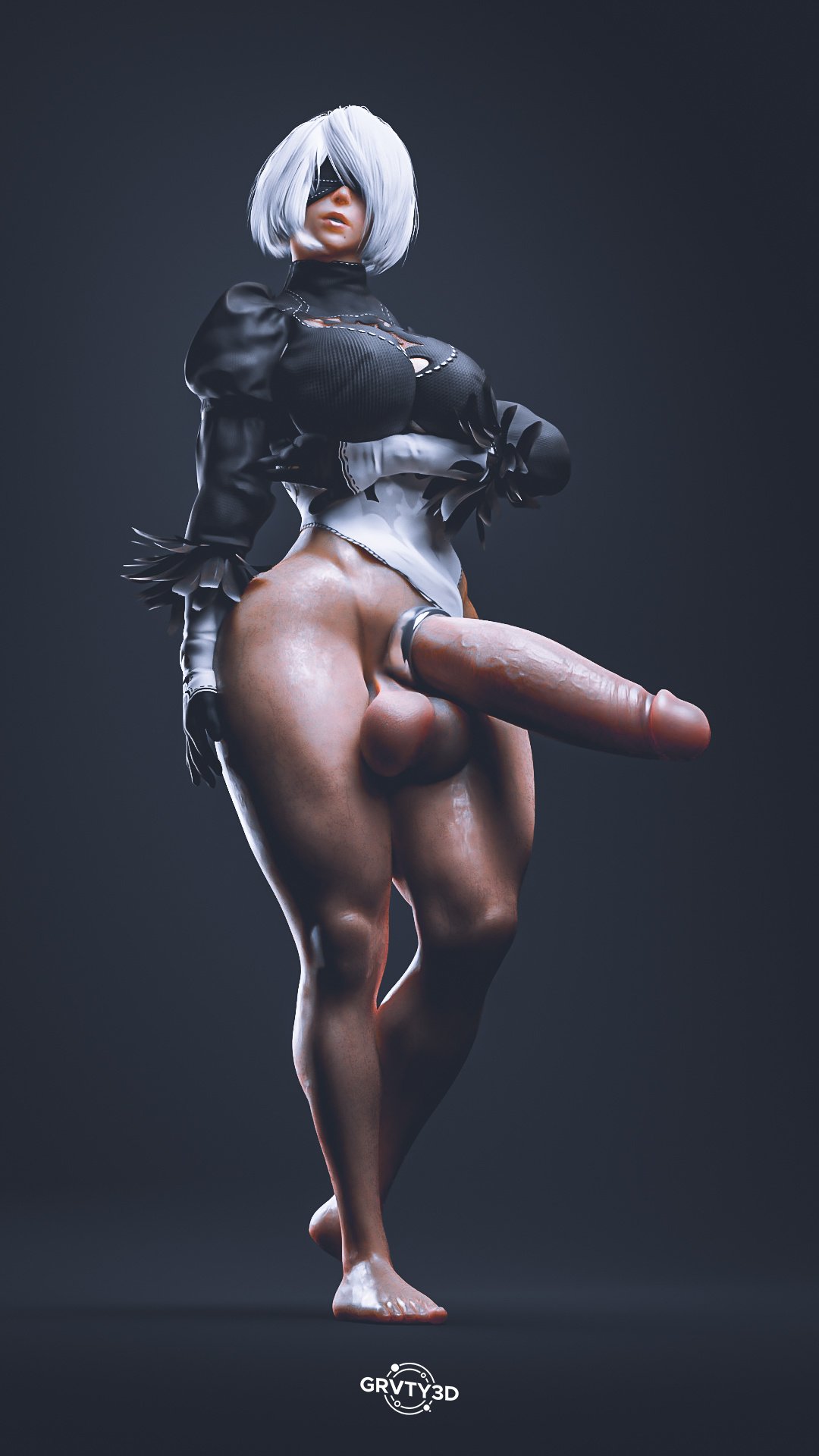 1futa, 3d, android, android futa, big breasts, big cock, big penis, black blindfold, blindfold, blindfolded, breasts, cock, erection, futa, futa only, futanari, grvty3d, huge cock, hung futa, intersex, large boobs, large breasts, light skin, light-skinned futa, nier, nier (series), nier: automata, penis, robot, robot futa, robot humanoid, video game character, white hair, white hair futa, yorha 2b