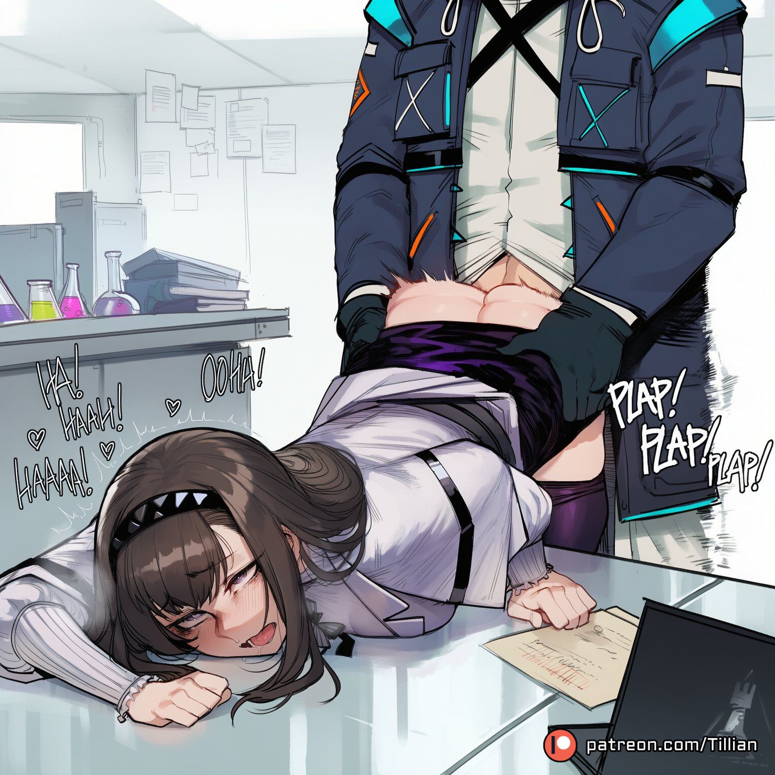 1boy, ai generated, arknights, ass, bent over, black coat, black gloves, black hairband, black skirt, blush, book, breasts, brown hair, clothed sex, clothes lift, clothes pull, coat, desk, doctor (arknights), doggy style, english text, female, gloves, hairband, heart, hooded coat, indoors, jacket, long hair, long sleeves, male, office, open clothes, open coat, open jacket, open mouth, pantyhose, pantyhose pull, paper, patreon username, priestess (arknights), purple eyes, sex, sex from behind, shirt, skirt, skirt lift, standing, standing sex, straight, thighhighs, tillian, torso grab, white coat, white shirt