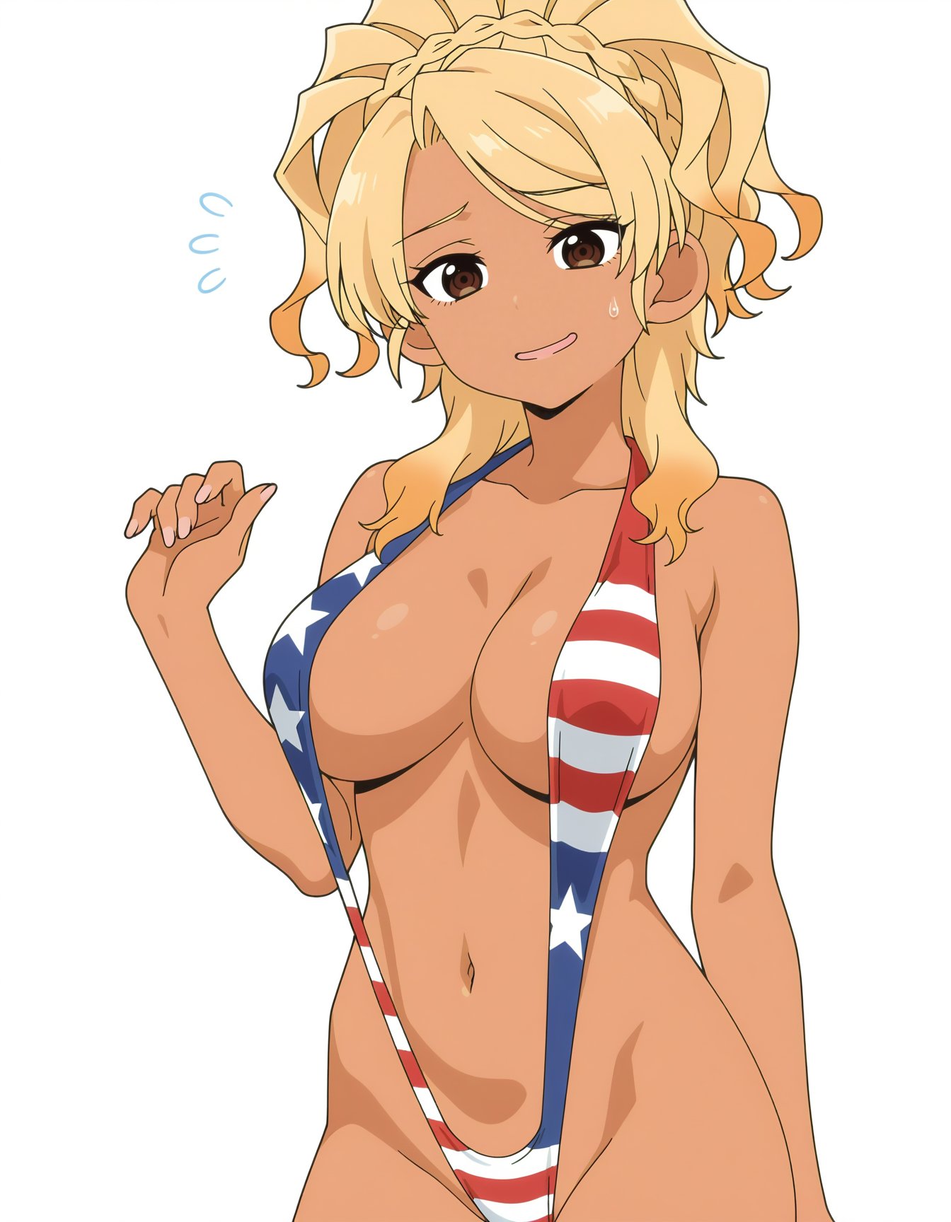 1girls, american flag bikini, blonde hair, breasts, brown eyes, brown skin, brown skinned female, female, female only, food court de mata ashita, midriff, shy, slingshot swimsuit, smile, solo, solo female, tan body, tan skin, tan-skinned female, yamamoto (food court)