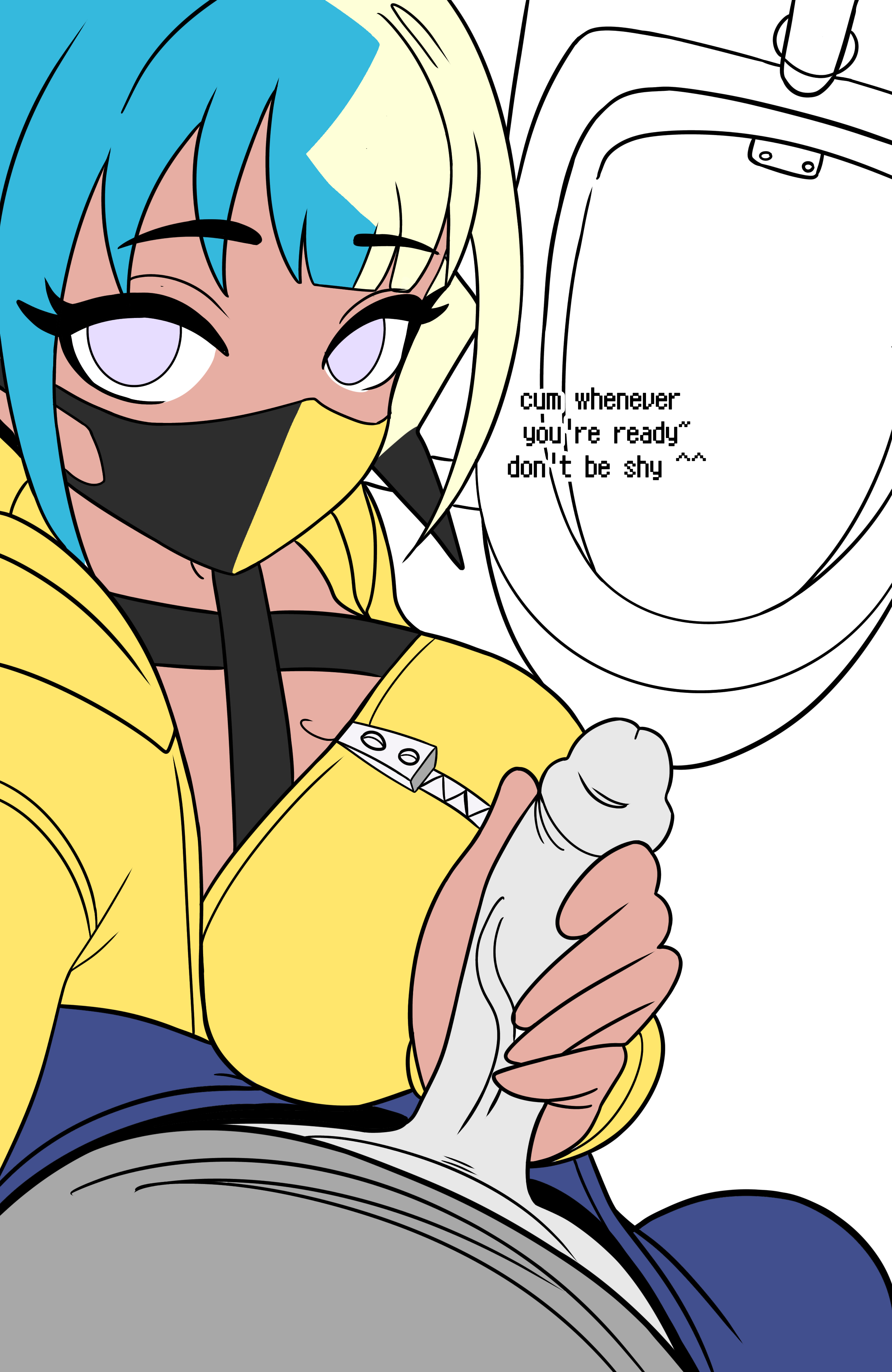 1boy, 1girls, anon, bandeau, bathroom, black halterneck, canari (pokemon), canary (pokemon), cleavage, creatures (company), criss-cross halter, english text, face mask, facemask, female, from above, game freak, gamefreak, gyaru, halterneck, handjob, indoors, kusogaki, looking at viewer, male, male pov, mouth mask, multicolored hair, multicolored mask, nintendo, penis, pokemon, pokemon legends: z-a, pov, self upload, simple background, streamer, text, two-tone hair, two-tone mask, unepicroachy, urinal, veiny penis, wip