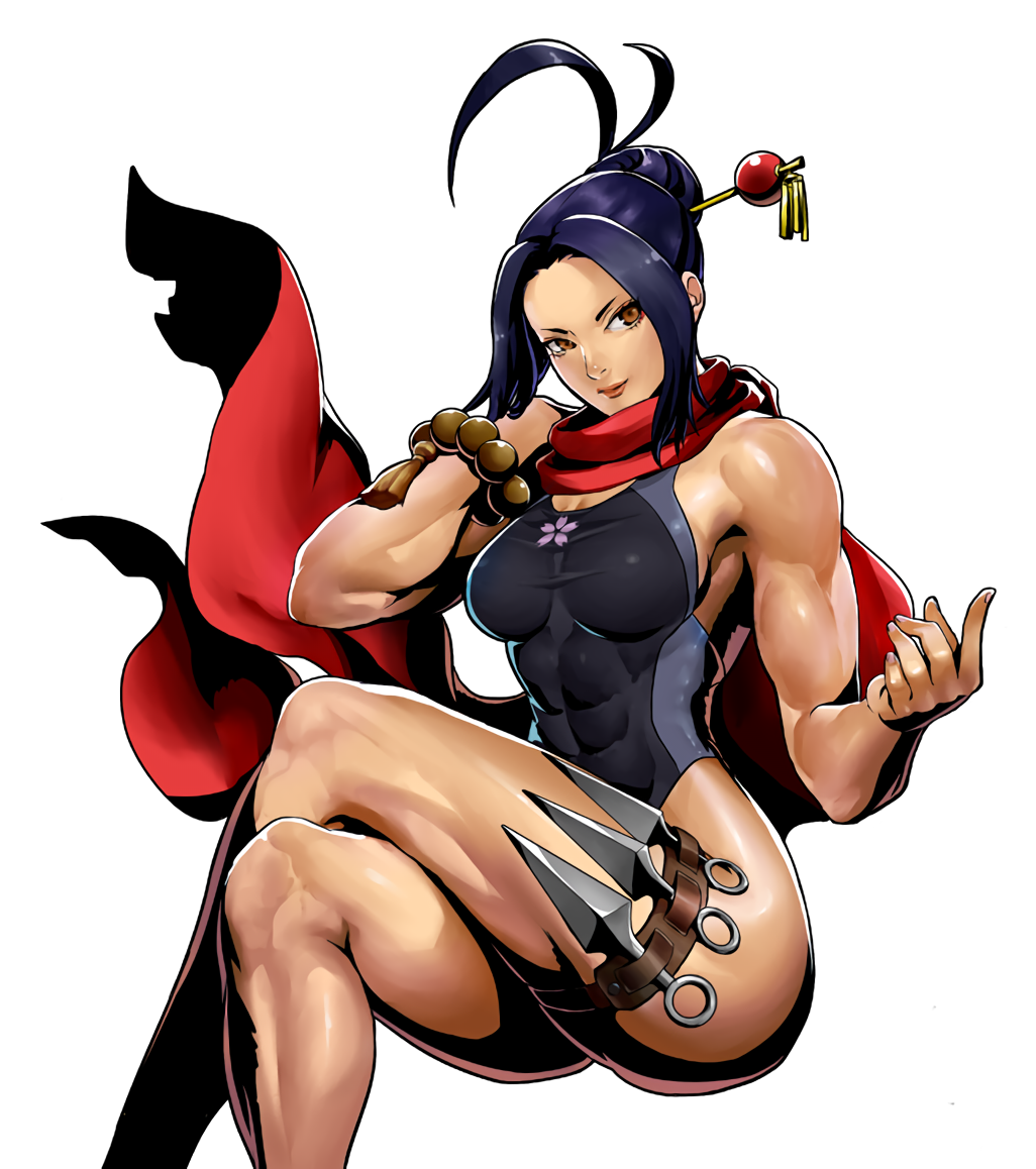 abs black_hair breasts dagger female huge_ass huge_breasts looking_at_viewer metal_slug metal_slug_attack muscles muscular_female naughty_face scarf seductive seductive_smile smile solo swimsuit thick_thighs toned weapon yoshino_(metal_slug)