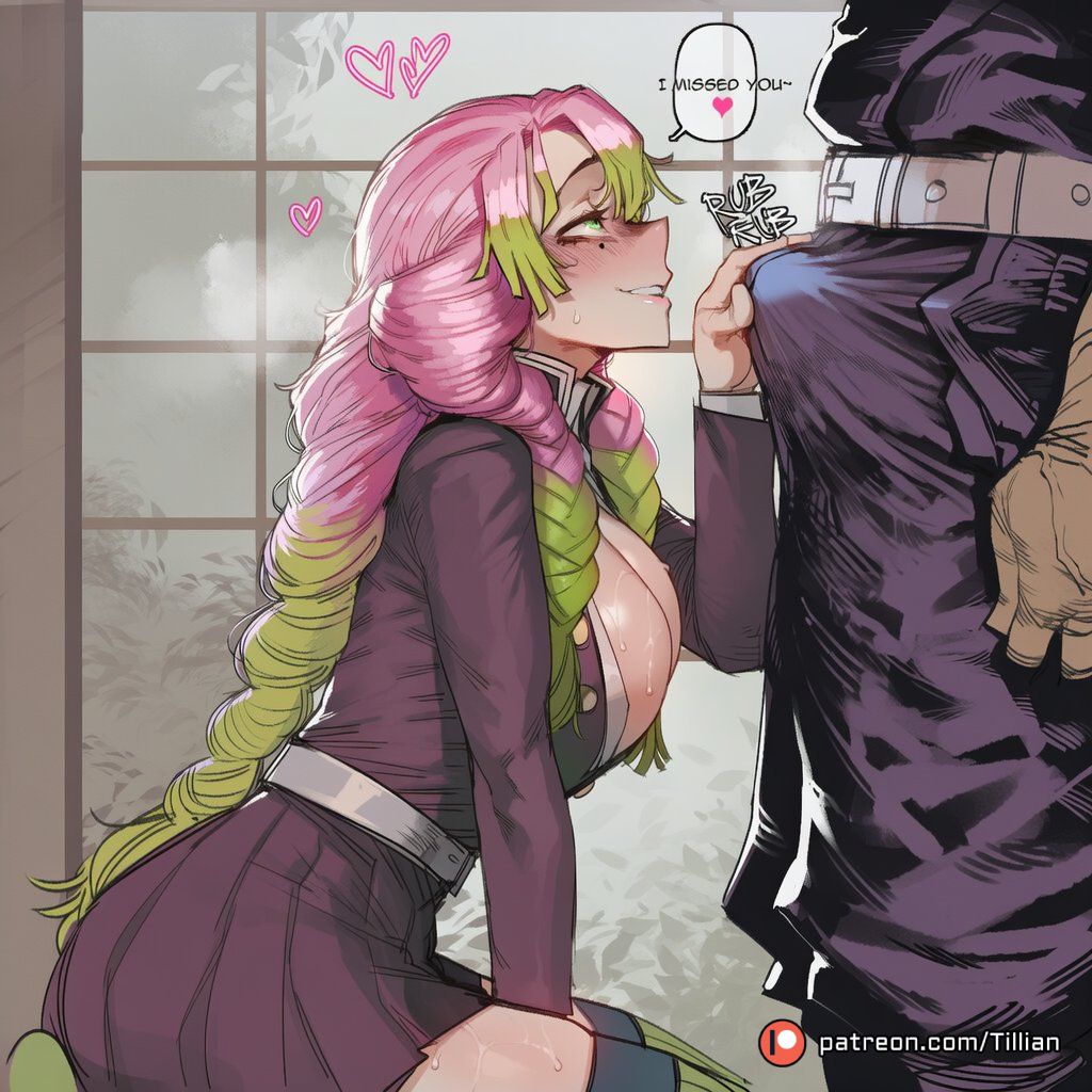 1boy, ai generated, belt, black skirt, blush, braid, breasts, bulge, cleavage, demon slayer, demon slayer uniform, english text, erection, erection under clothes, female, gloves, gradient hair, green eyes, green hair, heart, kanroji mitsuri, kimetsu no yaiba, large breasts, long hair, long sleeves, male, mole, mole under eye, multicolored hair, patreon logo, patreon username, pink hair, pleated skirt, sitting, skirt, smile, speech bubble, straight, sweat, thighhighs, tillian, twin braids