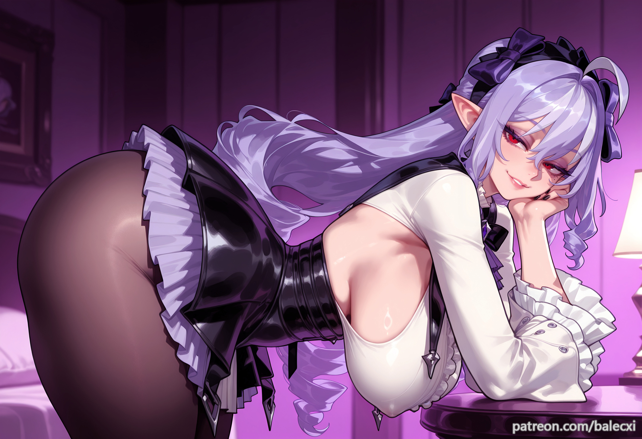 ahoge, ai generated, arched back, ass, balecxi, bent over, black skirt, breasts, female, frills, from side, hairband, hanging breasts, high-waist skirt, large breasts, long hair, long sleeves, looking at viewer, pantyhose, parted lips, patreon username, pointy ears, purple hair, red eyes, sideboob, smile, solo, thick thighs, vivian (zenless zone zero), vivian banshee, white shirt, zenless zone zero