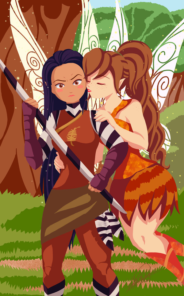 2010s 2girls black_hair blush brown_hair clothing disney disney_fairies fairy fairy_wings fawn_(disney_fairies) female female_only hair humanoid long_hair multiple_girls nyx_(disney_fairies) outdoors pixie_hollow png pointy_ears shiko-k signature wings yuri