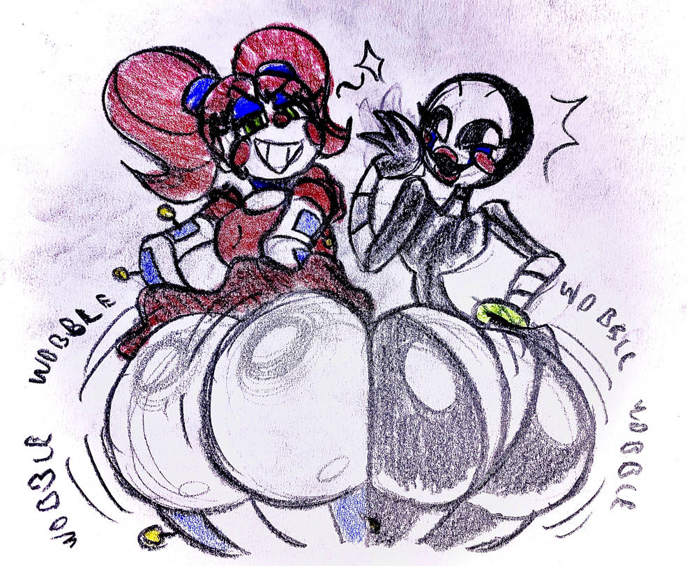 2girls, ass, ass focus, big ass, bimbo lips, bubble butt, butts touching, charygem, circus baby, circus baby (fnaf), classic fnaf 2 marionette, classic fnaf 2 puppet, duo, female, five nights at freddy's, five nights at freddy's 2, five nights at freddy's: sister location, fnaf, looking at viewer, marionette, marionette (fnaf), puppet, puppet (fnaf), scottgames, smiling at viewer, smug, wobbling ass