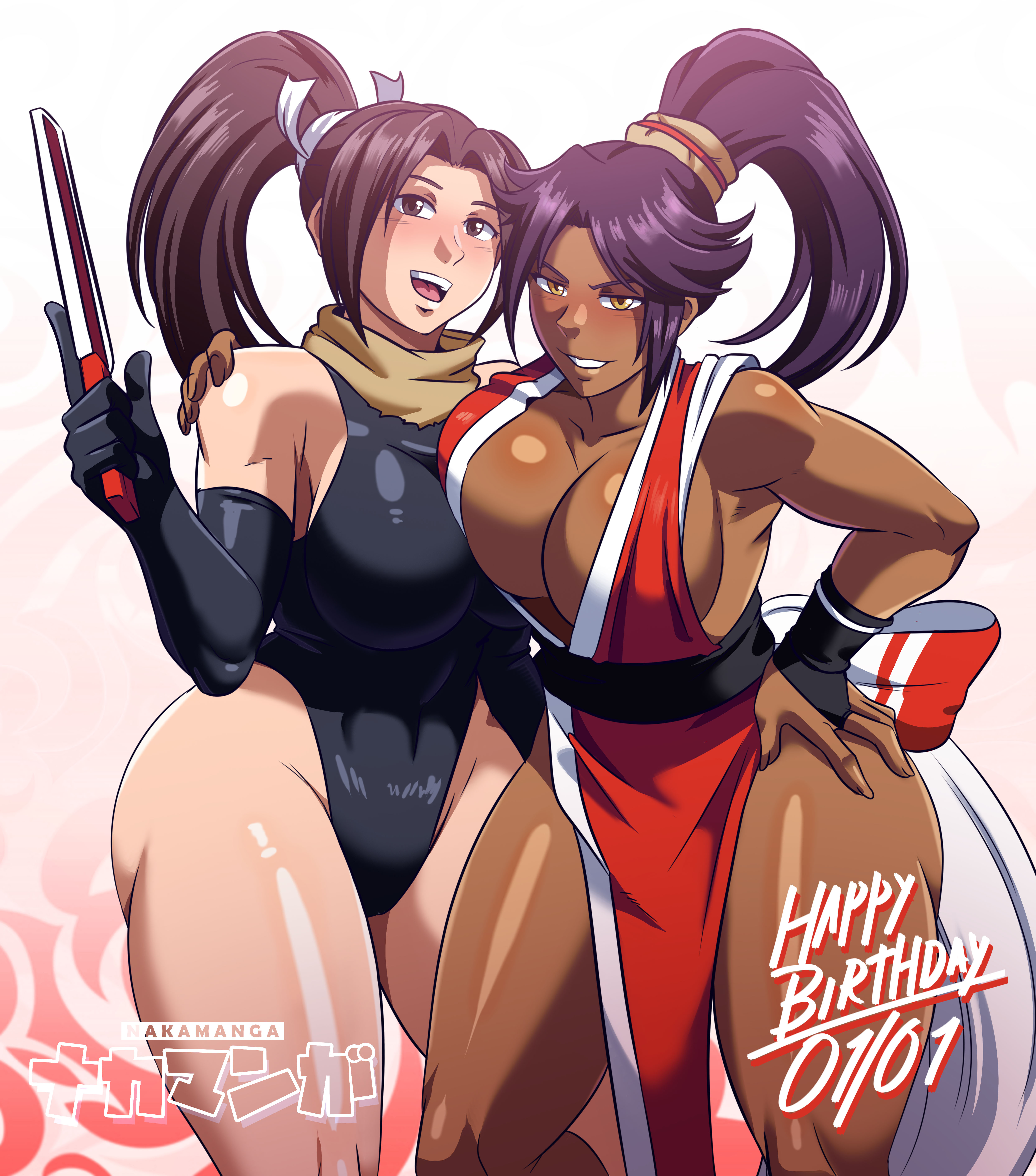 2girls, absurdres, arm around another's shoulder, ass, bare shoulders, big breasts, black leotard, bleach, breasts, brown eyes, brown hair, cleavage, collarbone, cosplay, costume switch, dark skin, dark-skinned female, dated, fatal fury, female, female only, folding fan, hair ornament, hand on own hip, happy birthday, highres, huge breasts, king of fighters, large breasts, leotard, long hair, mai shiranui, mai shiranui (cosplay), multiple girls, nakamanga, outfit swap, parted bangs, ponytail, purple hair, shihouin yoruichi, shihouin yoruichi (cosplay), shiny skin, sideboob, snk, standing, thighs, yellow eyes