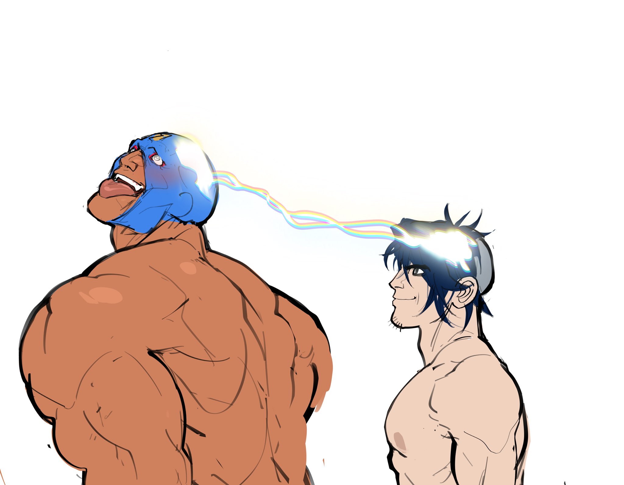 2026, 2boys, ahe gao, bara, black hair, brawl stars, cropped, edgar (brawl stars), el primo (brawl stars), gay, hypnosis, light skin, lurisuet, male, male only, meme, muscular, pleasure face, simple background, small dom big sub, straight to gay, supercell, tan skin, tongue out, video games, white background, yaoi