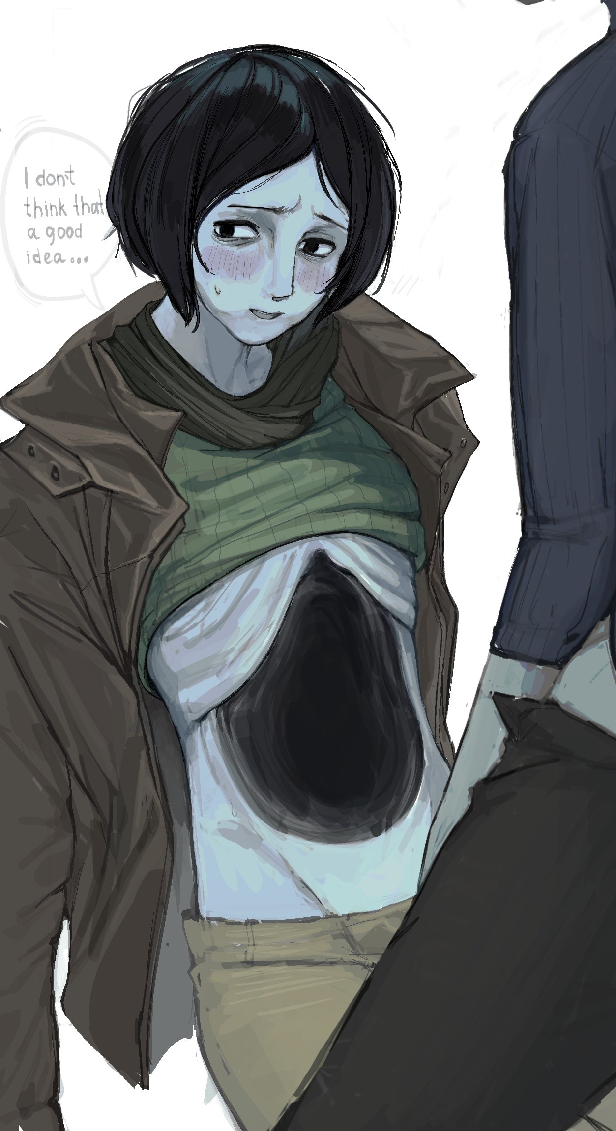2boys, androgynous, black hair, blue body, blue hair, blue skin, blush, coat, coat guy (no, i'm not a human), dark blue hair, embarrassed, english text, gay, imminent sex, jacket, looking away, male, male only, mokogimmi, nervous, no visible genitalia, no, i'm not a human, protagonist (no, i'm not a human), ribs, scarf, solo focus, sweatdrop, sweater, twink, unusual anatomy, yaoi