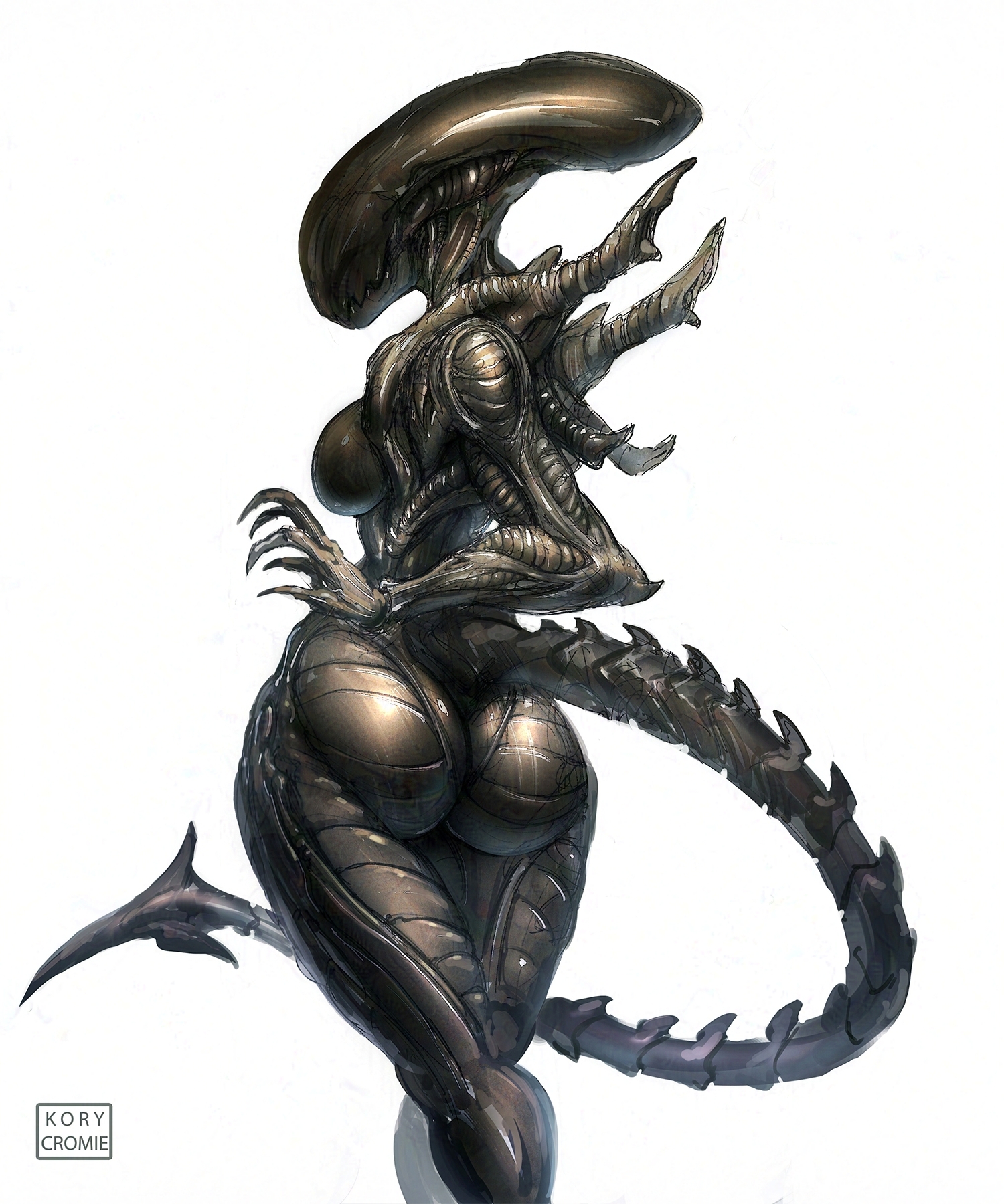 1girls, 2d, alien, alien (franchise), ass, ass focus, back view, big ass, black body, breasts, exoskeleton, female, female focus, female only, female xenomorph, femomorph, kory cromie, long tail, looking back, looking back at viewer, sideboob, solo, solo female, solo focus, tail, thick thighs, thighs, watermark, xenomorph, xenomorph tail