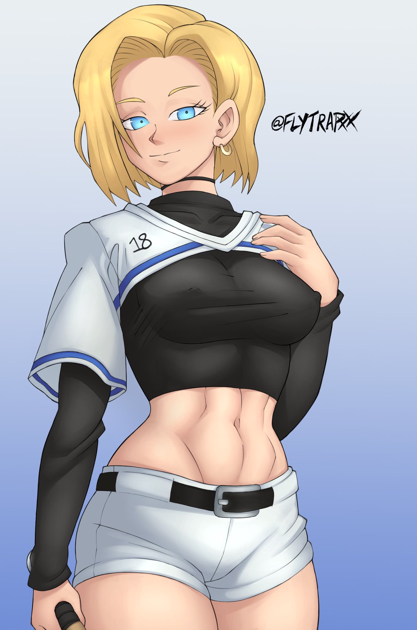 1girls, abs, android, android 18, baseball bat, baseball uniform, big breasts, blonde hair, blue eyes, breasts, dragon ball, dragon ball z, earrings, erect nipples under clothes, female, female only, flytrapxx, fully clothed, light skin, light-skinned female, looking at viewer, navel, nipples, nipples visible through clothing, no bra, see-through, short, shorts, smile, solo, thick thighs