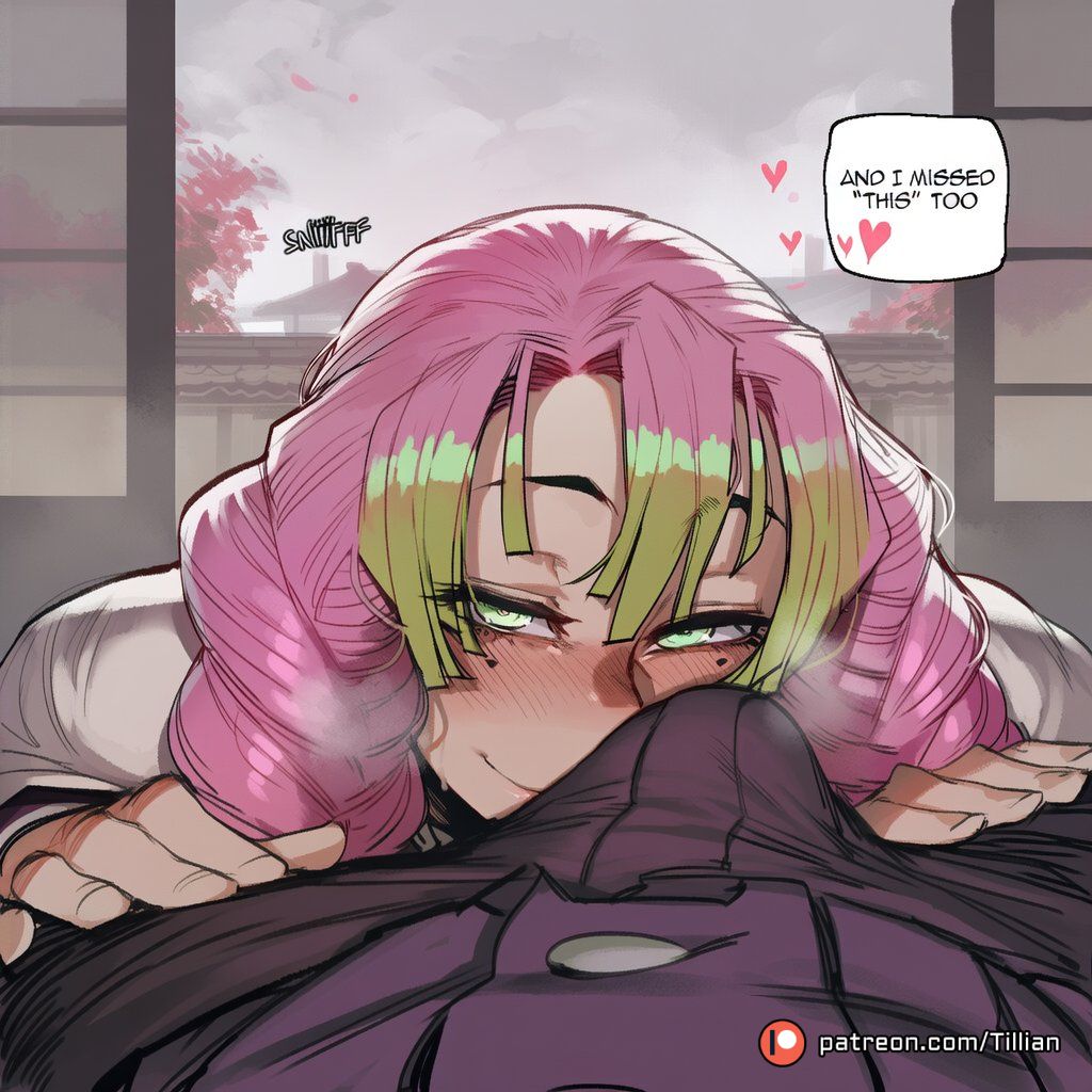 1boy, ai generated, blush, braid, bulge, demon slayer, demon slayer uniform, english text, erection, erection under clothes, female, green eyes, green hair, heart, kanroji mitsuri, kimetsu no yaiba, long hair, looking at viewer, male, mole, mole under eye, multicolored hair, patreon logo, patreon username, pink hair, pov, smile, solo focus, speech bubble, straight, tillian, web address