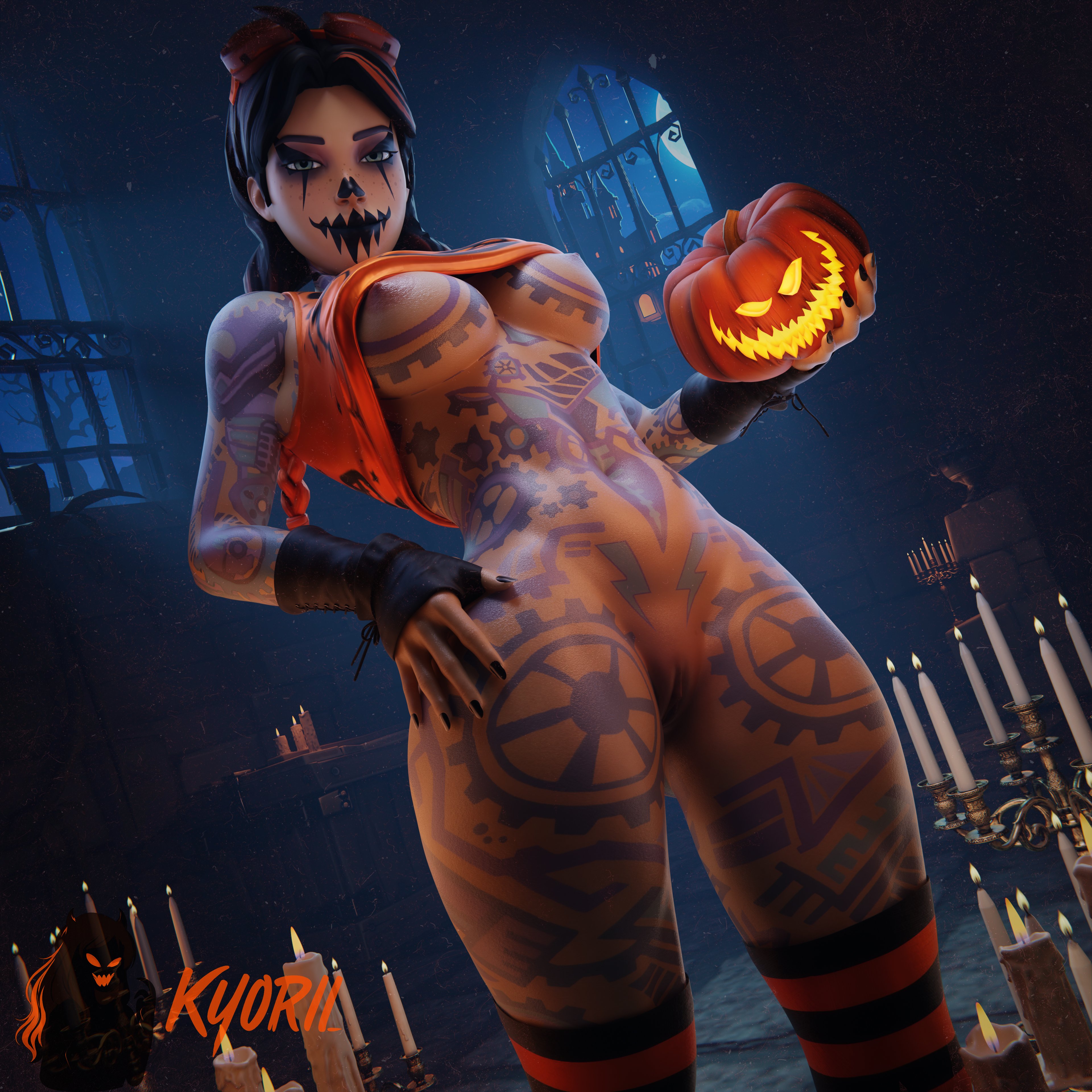 1girls, 2025, 3d, areolae, artist name, athletic, athletic female, big breasts, black nails, bottomless, braid, breasts, child bearing hips, clitoral hood, clitoris, clothed, clothing, facepaint, female, female only, female torso, fingerless gloves, fortnite, freckles, gloves, goggles, goggles on head, green eyes, halloween, hand on hip, hand on thigh, hourglass figure, jack-o'-lantern, jules (fortnite), ky0rii, kyorii, lifting shirt, light skin, light-skinned female, looking at viewer, nipples, nude, nude female, partially clothed, plump labia, presenting, pumpkin, pussy, shirt lift, solo, standing, stockings, tattoo, tattoo on belly, tattoo on breast, tattoo on chest, tattoo on legs, tattooed arm, tattoos everywhere, thick thighs, thighhighs, thighs, video games, voluptuous, voluptuous female, wide hips
