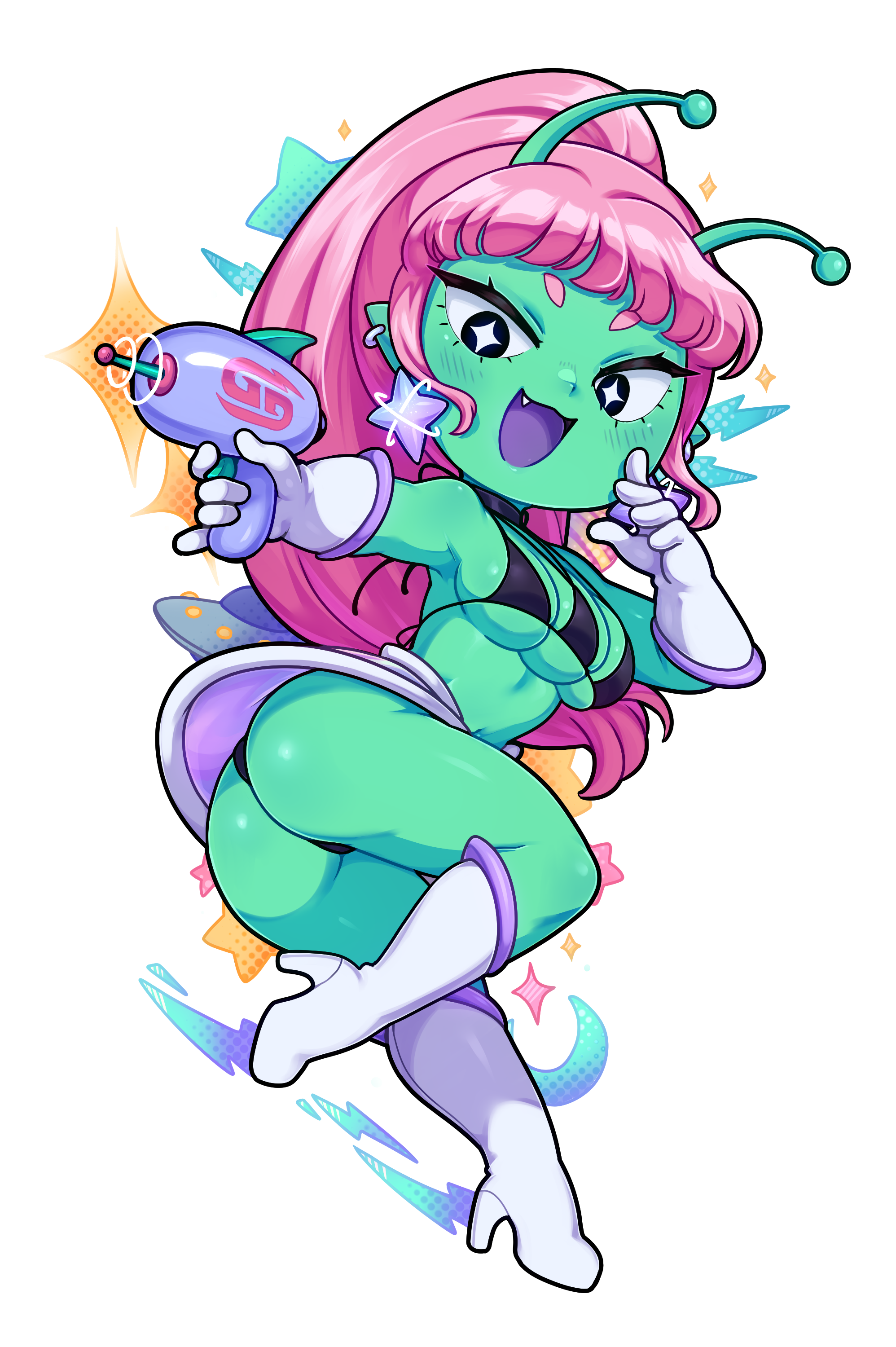3 breasts, alien, alien girl, alien humanoid, ass, breasts, character request, chibi, chibi style, female, gamersupps, green skin, merunyaa, pink hair, skimpy clothes, tagme