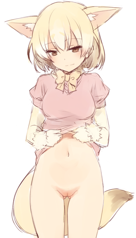 animal_ears blonde_hair bottomless bow bowtie brown_eyes commentary cowboy_shot female fennec_(kemono_friends) fox_ears fox_tail heart kemono_friends light_smile looking_at_viewer navel no_panties petite pussy shirt_lift short_hair simple_background sketch solo tail thigh_gap thighs u_(nijie2768) uncensored white_background