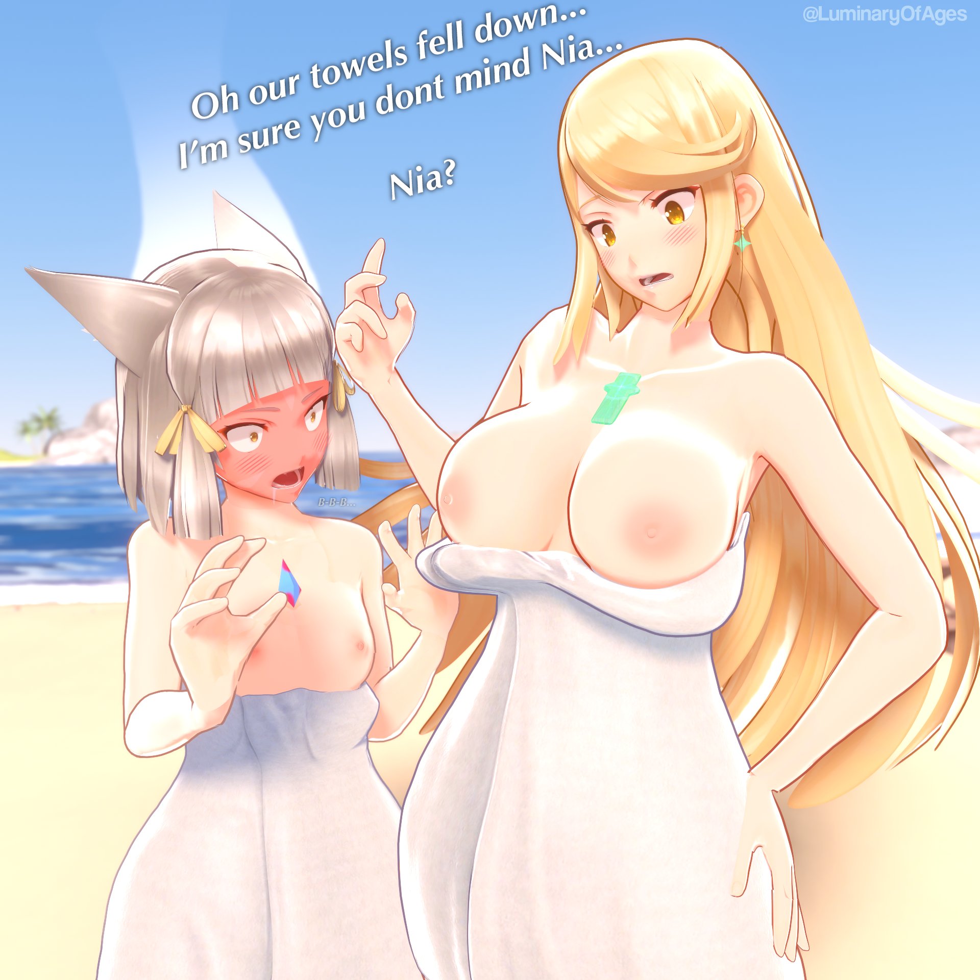 2girls, 3d, 3d (artwork), animal ears, areolae, big breasts, blonde hair, blush, blushing profusely, breast focus, breasts, breasts out, brown eyes, core crystal, exposed breasts, female, female only, grey hair, hair, hand on hip, huge breasts, long hair, luminaryofages, mmd, mythra, nia, nia (xenoblade), nintendo, nipples, shocked, shocked expression, small breasts, smoke, topless, towel, towel only, wardrobe malfunction, xenoblade (series), xenoblade chronicles 2, yellow eyes