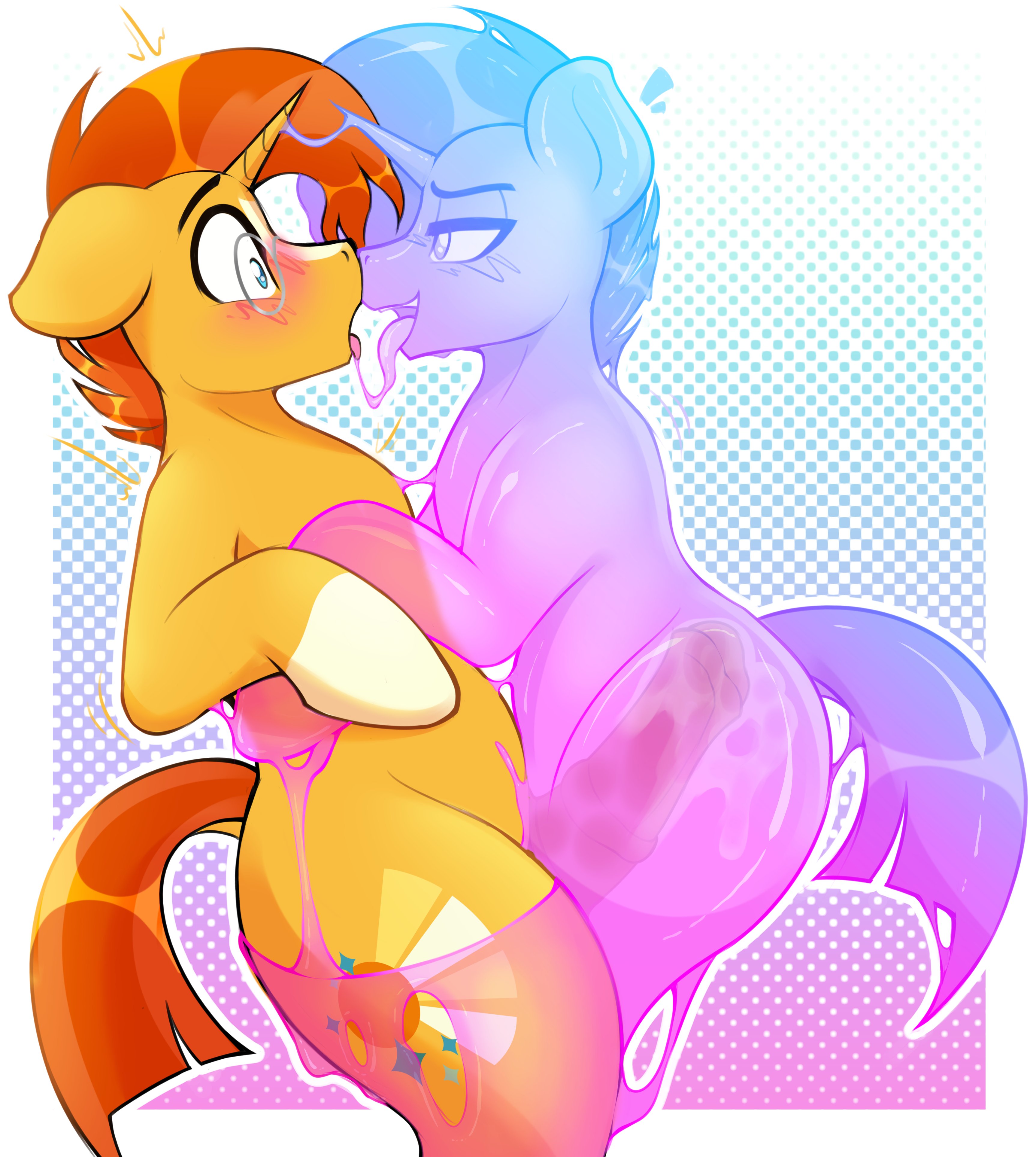 animal genitalia, animal penis, blue eyes, blush, czu, duo, equine, equine genitalia, equine penis, femboy, feral, friendship is magic, furry, gay, glasses, hasbro, horse, horsecock, male, male only, male/male, my little pony, open mouth, penis, pony, sex, slime, sunburst (mlp), unicorn, yaoi