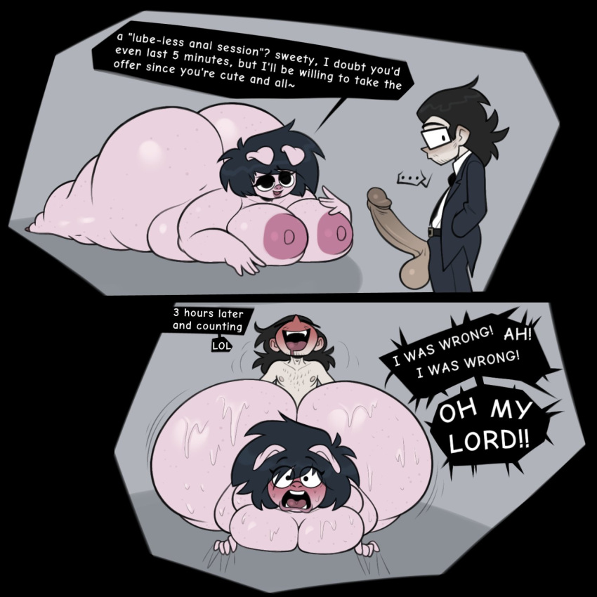 ..., 1boy, 1girls, 5 fingers, anthro, anthro penetrated, bbw, big ass, big breasts, big penis, black eyes, black hair, blush, breasts, chubby, chubby female, cute, doggy style, female, glasses, human, human on anthro, hung, instant loss 2koma, male, naked, nude, nude female, nude male, penis, pig, pig girl, pink body, pink skin, pussy, source request, spunkindx, suit and tie, sus (pig), sweat, sweatdrop, sweating, tuxedo, year request